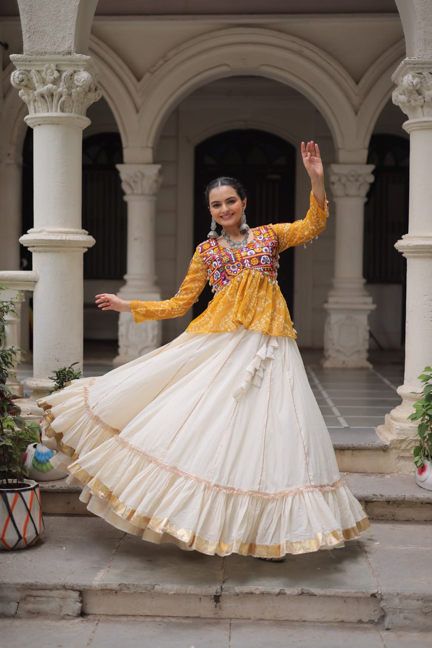 Womenline Yellow Color Kora Cotton Navratri Lehenga Choli