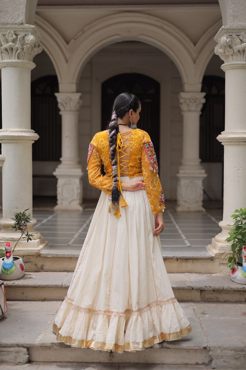 Womenline Yellow Color Kora Cotton Navratri Lehenga Choli