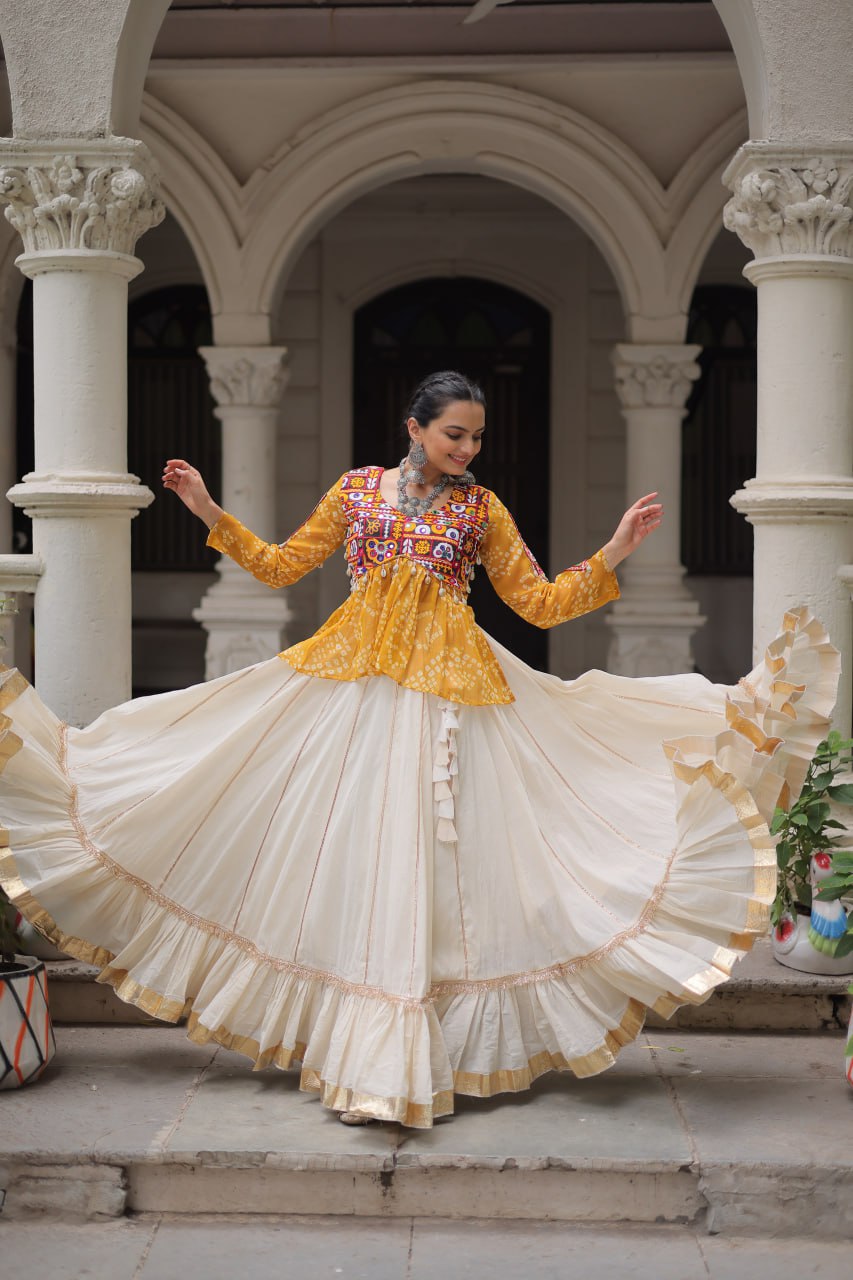 Womenline Yellow Color Kora Cotton Navratri Lehenga Choli