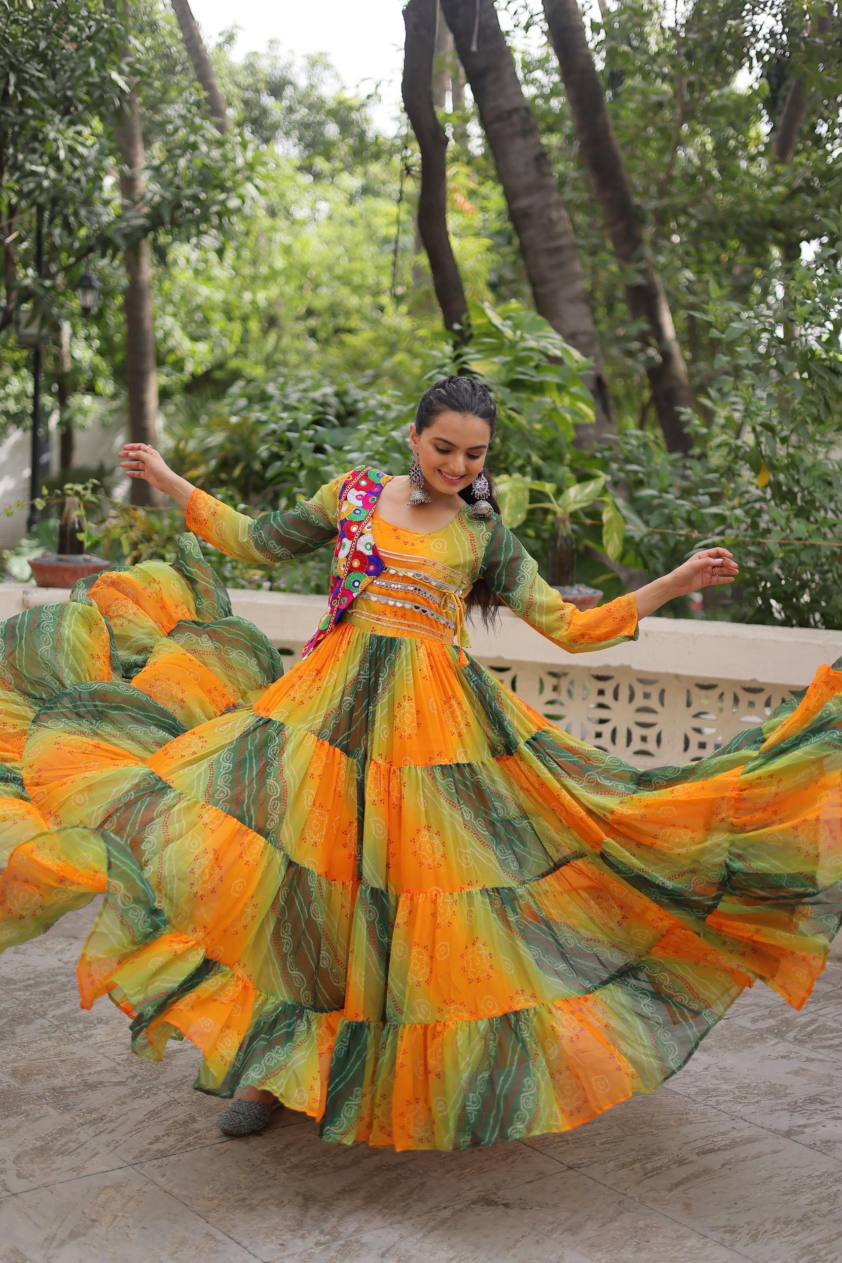 Womenline Yellow Color Laheriya Faux Georgette Gown