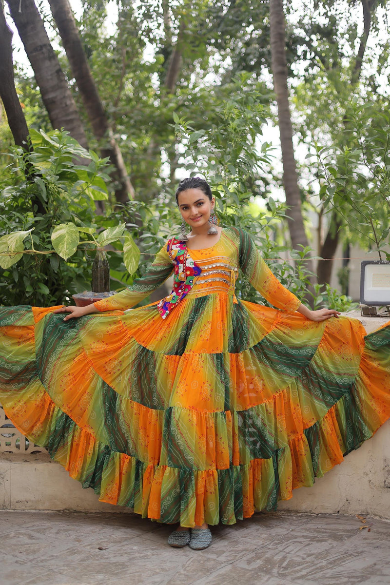 Womenline Yellow Color Laheriya Faux Georgette Gown