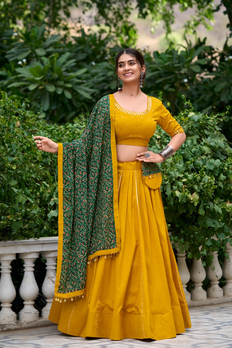 Womenline Yellow Color Pure Cotton Navratri Lehenga Choli