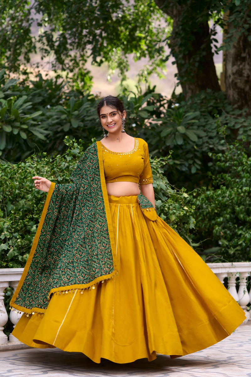 Womenline Yellow Color Pure Cotton Navratri Lehenga Choli