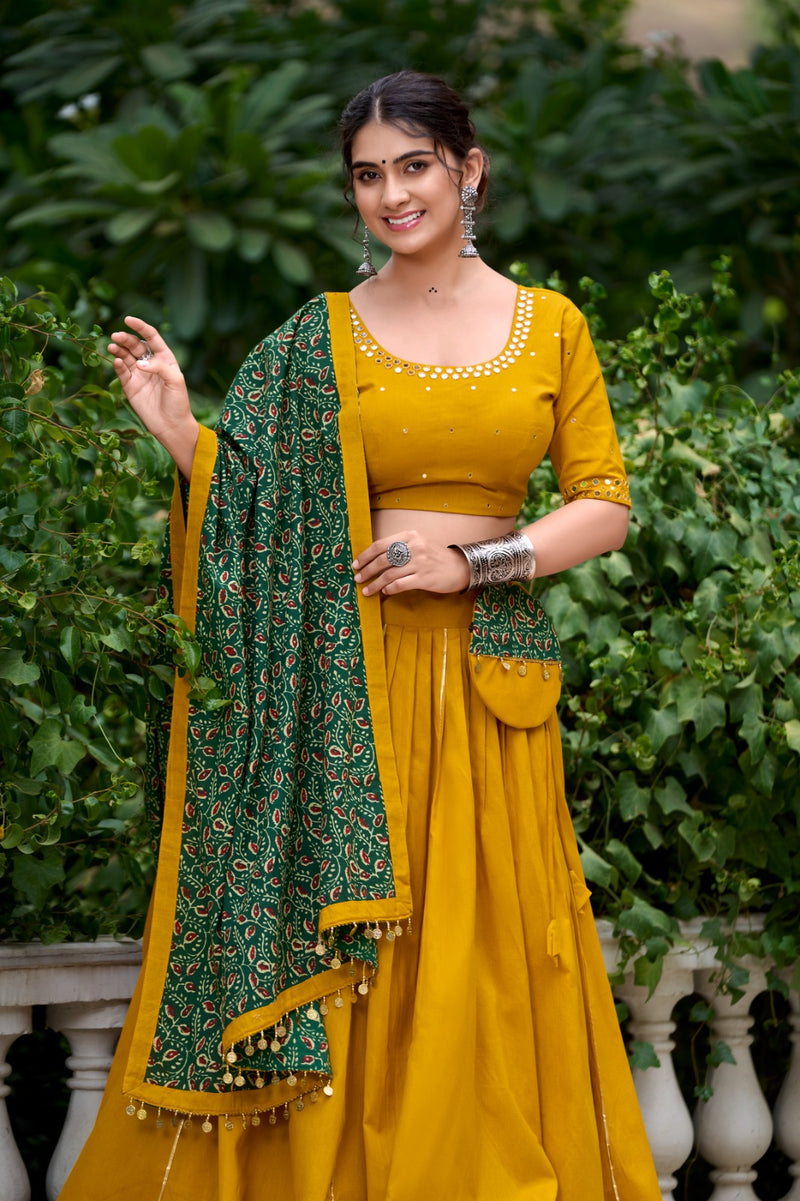 Womenline Yellow Color Pure Cotton Navratri Lehenga Choli