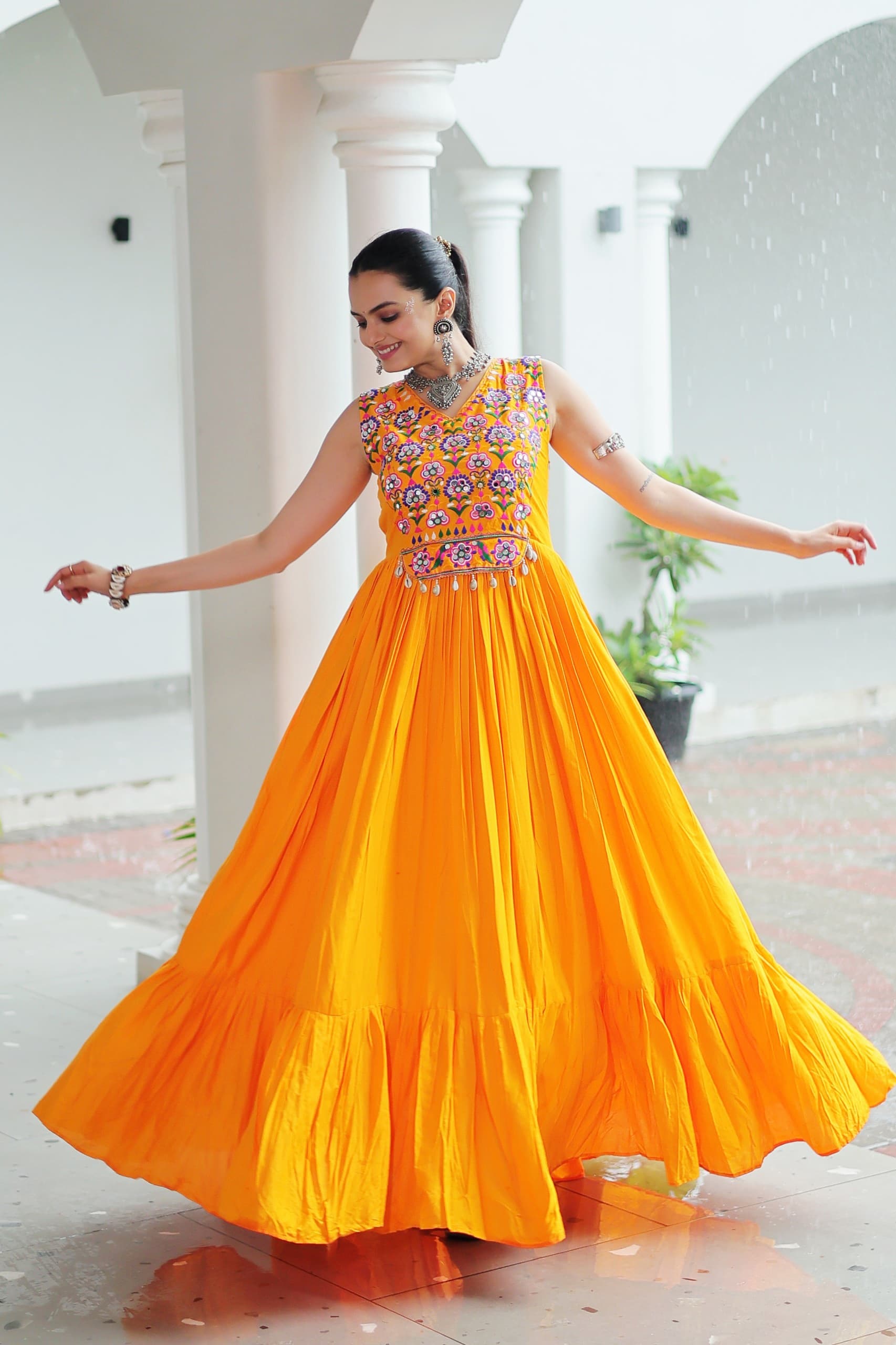 Womenline Yellow Color Reyon Navratri Gown