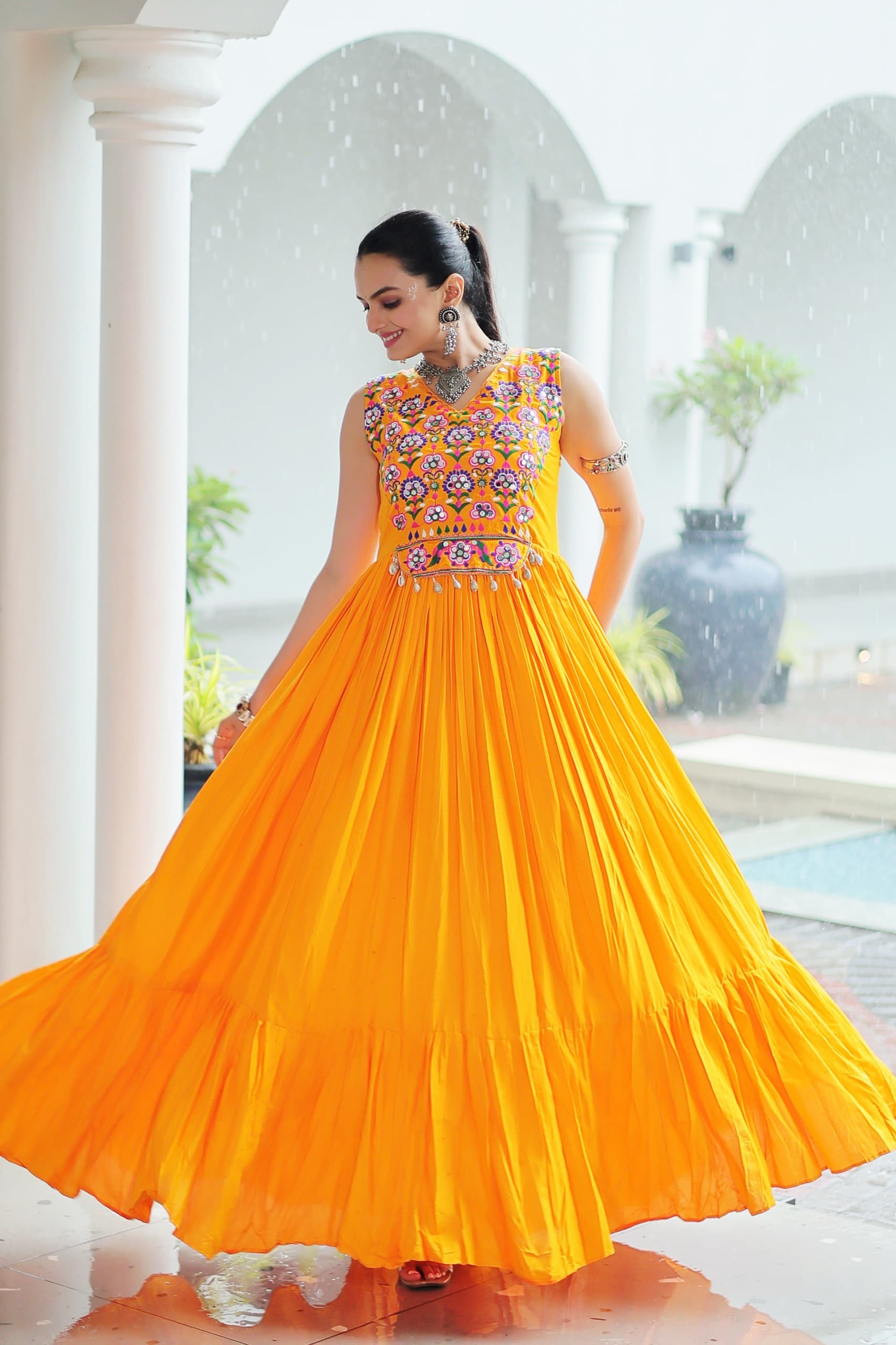 Womenline Yellow Color Reyon Navratri Gown