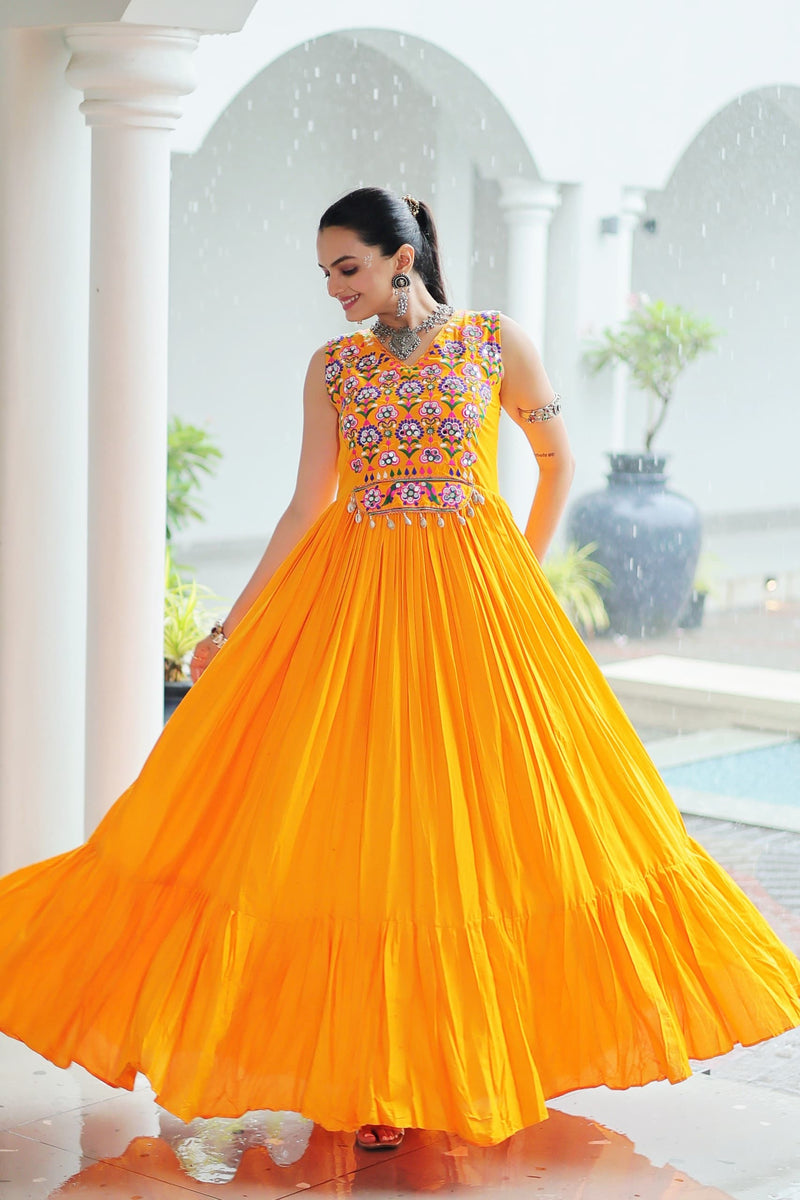 Womenline Yellow Color Reyon Navratri Gown