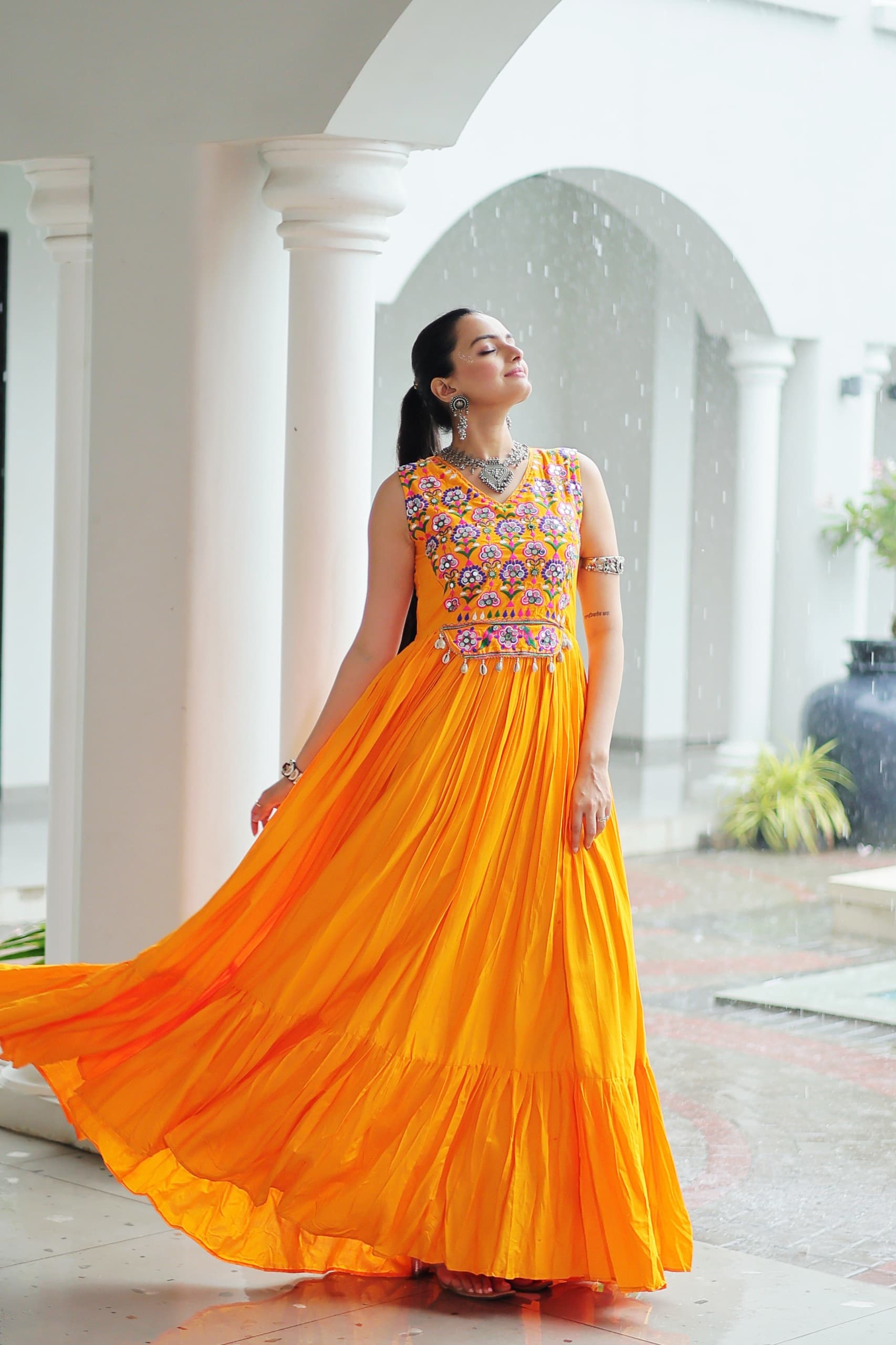 Womenline Yellow Color Reyon Navratri Gown