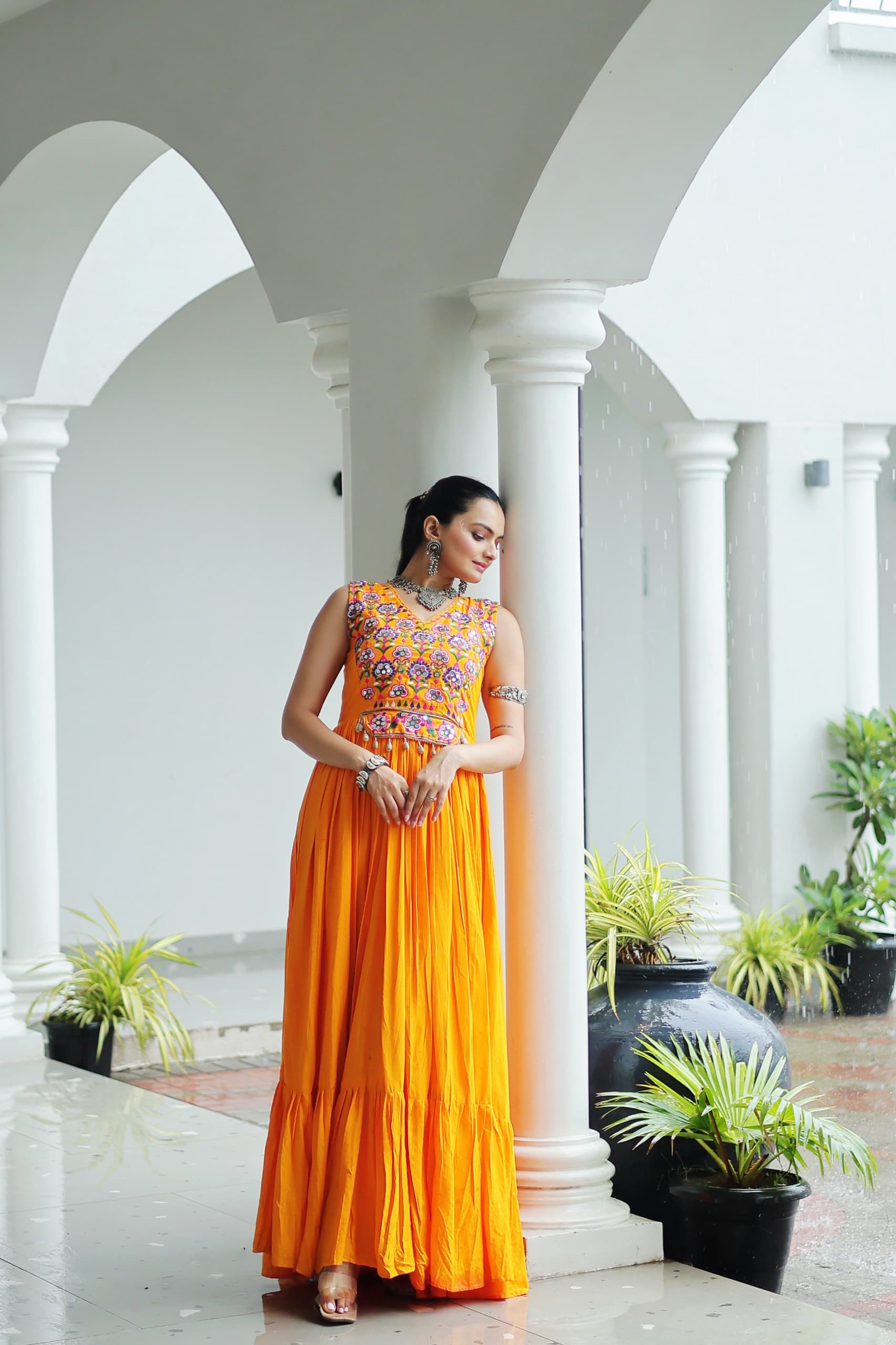 Womenline Yellow Color Reyon Navratri Gown