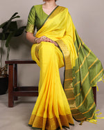 Womenline Yellow Color Zari Weaving Poly Cotton Saree
