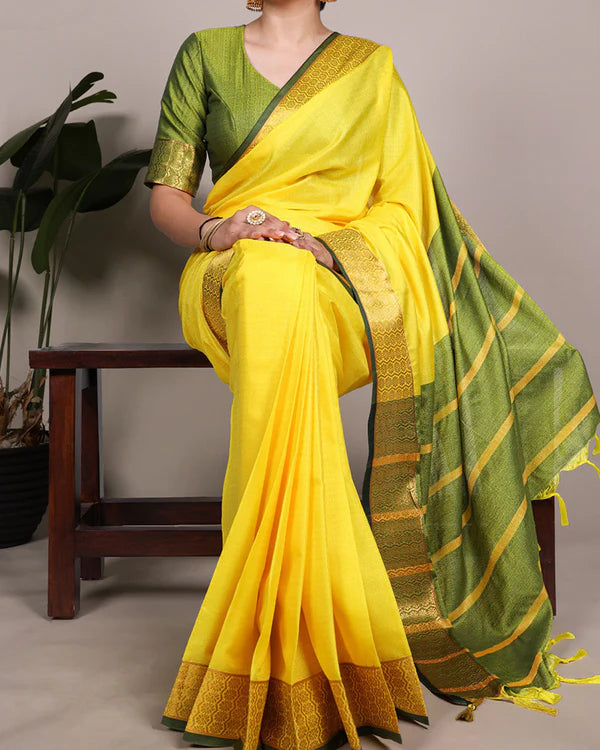 Womenline Yellow Color Zari Weaving Poly Cotton Saree