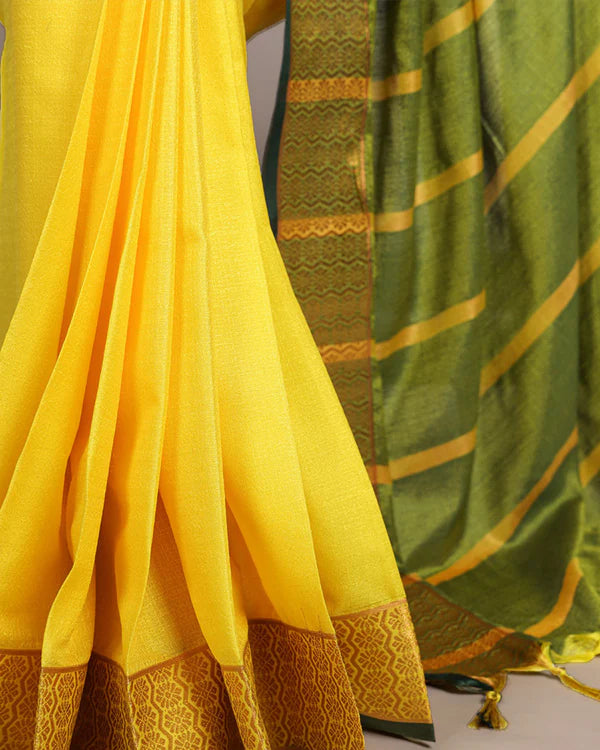 Womenline Yellow Color Zari Weaving Poly Cotton Saree