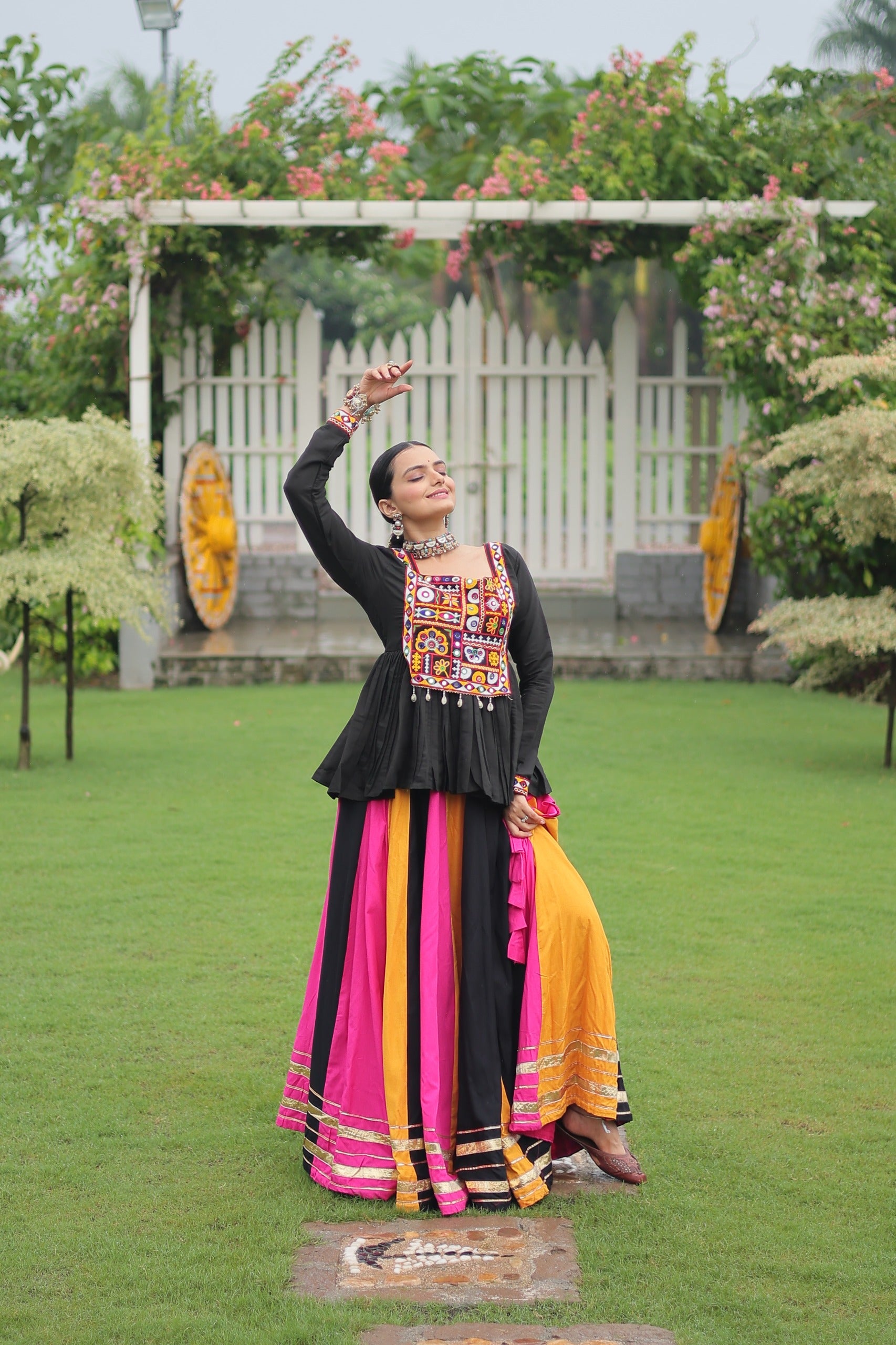 Womenline Yellow Pink Color Pure Cotton Navratri Lehenga Choli