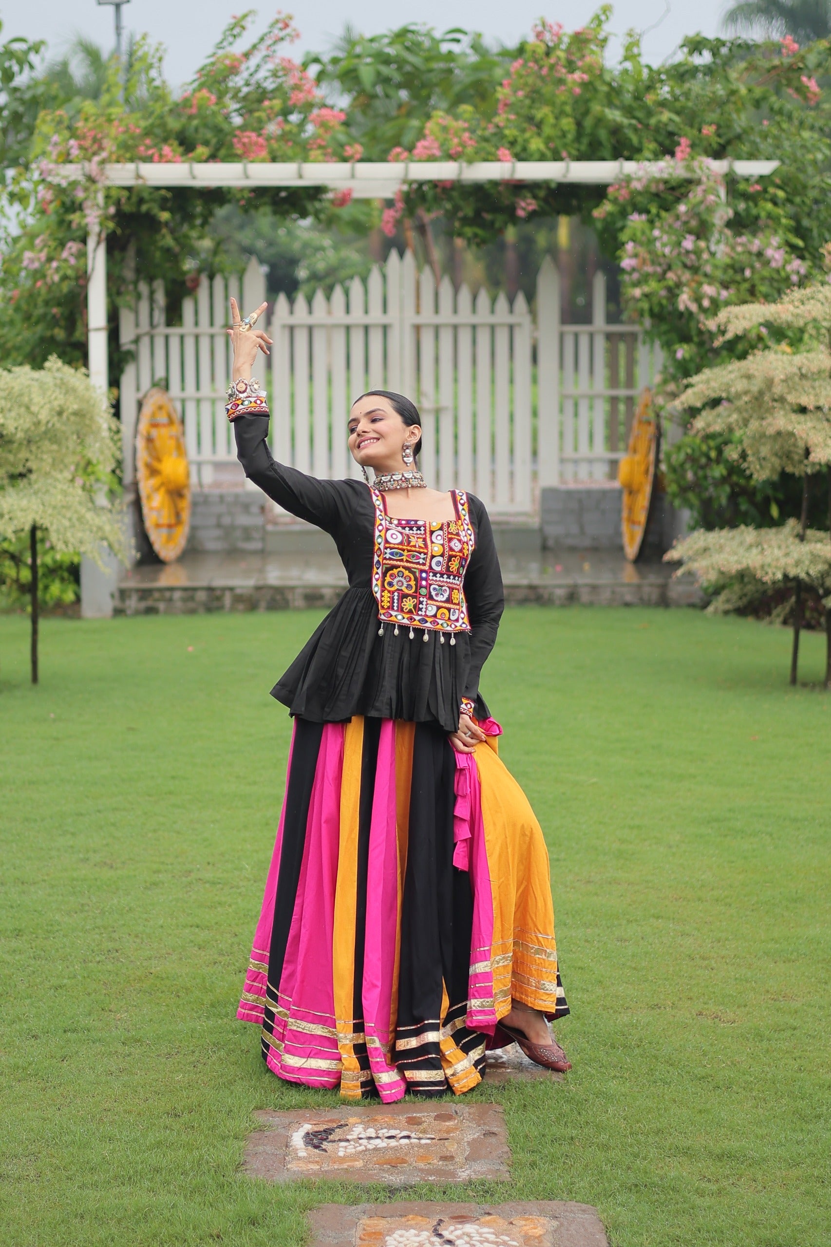 Womenline Yellow Pink Color Pure Cotton Navratri Lehenga Choli