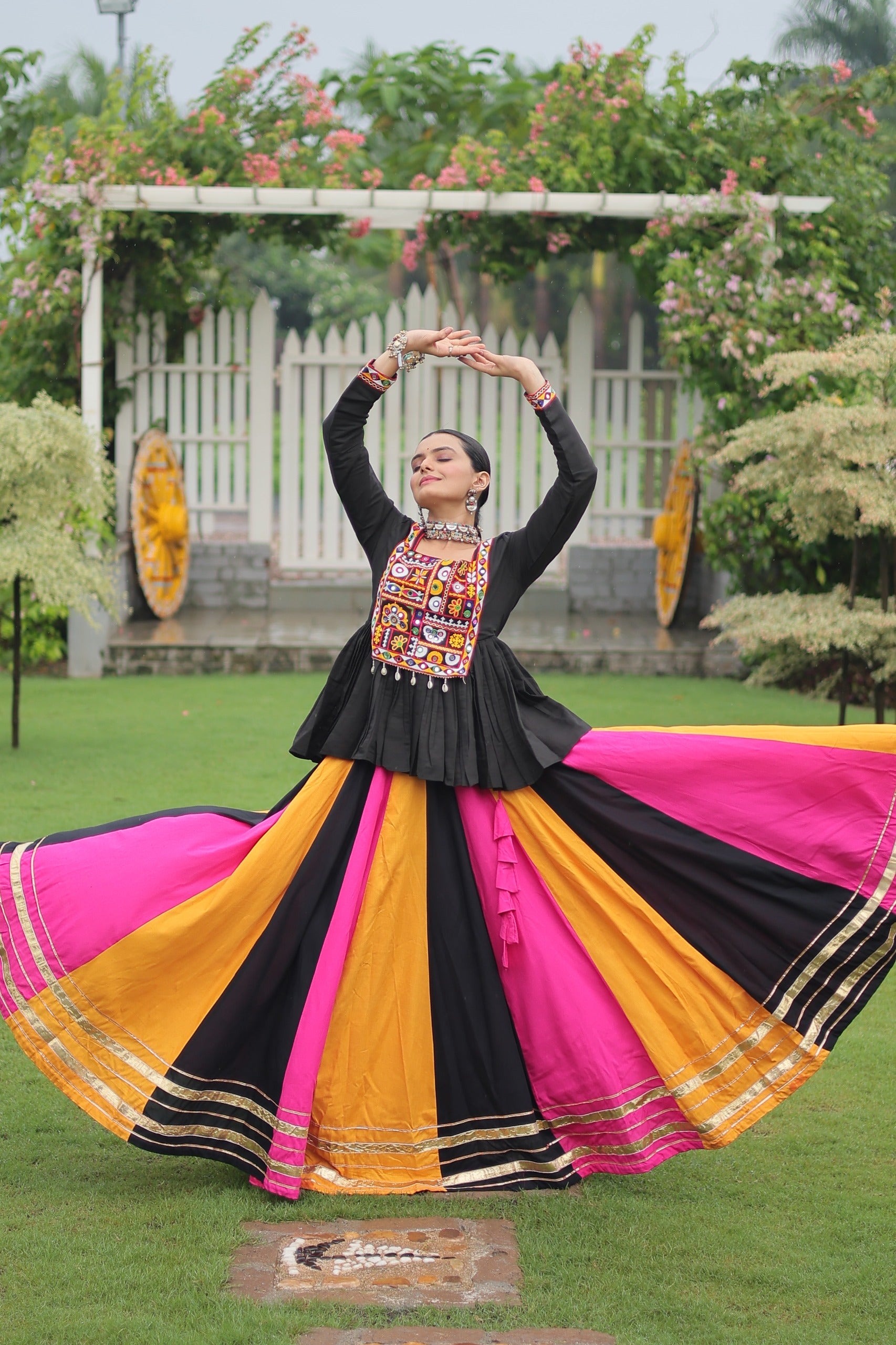Womenline Yellow Pink Color Pure Cotton Navratri Lehenga Choli