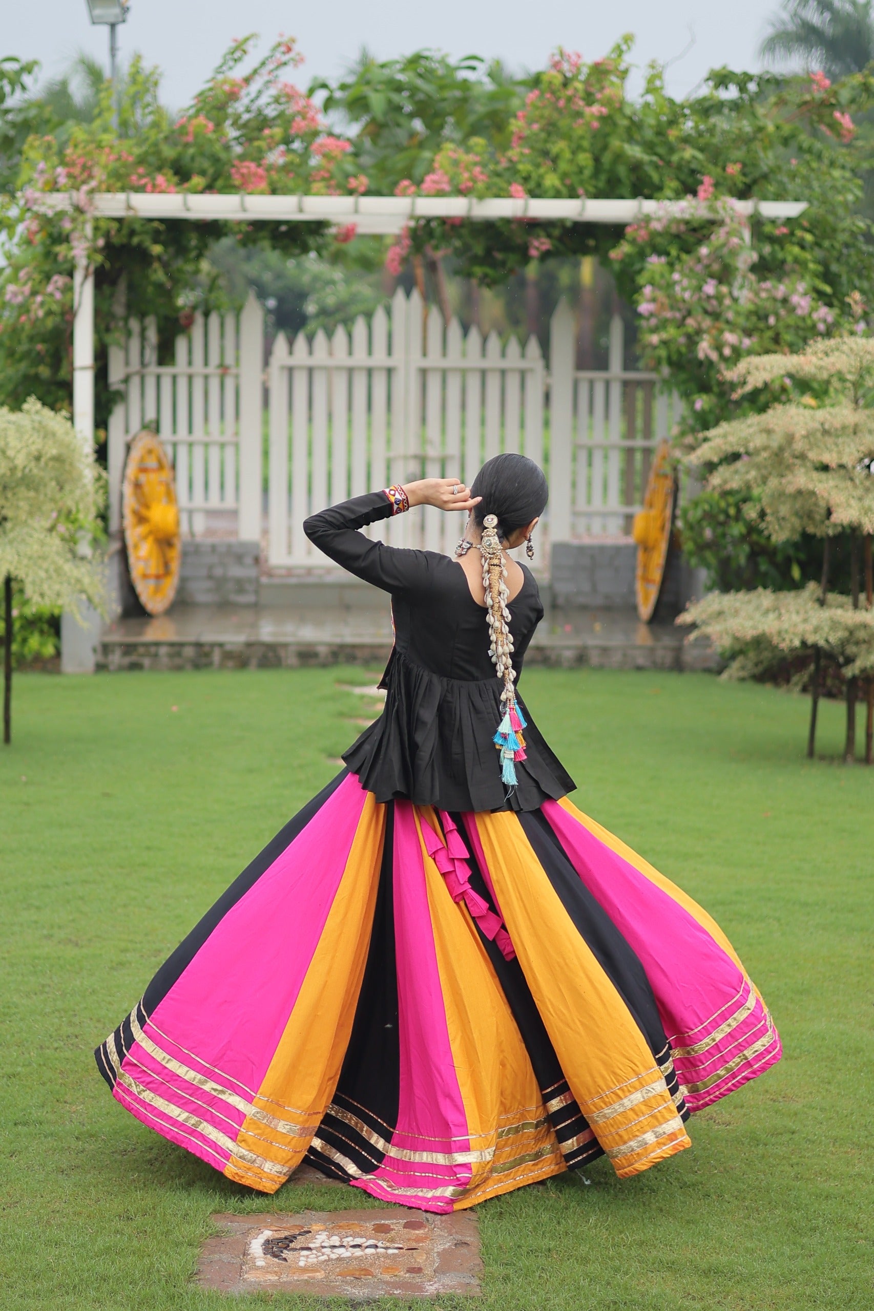 Womenline Yellow Pink Color Pure Cotton Navratri Lehenga Choli