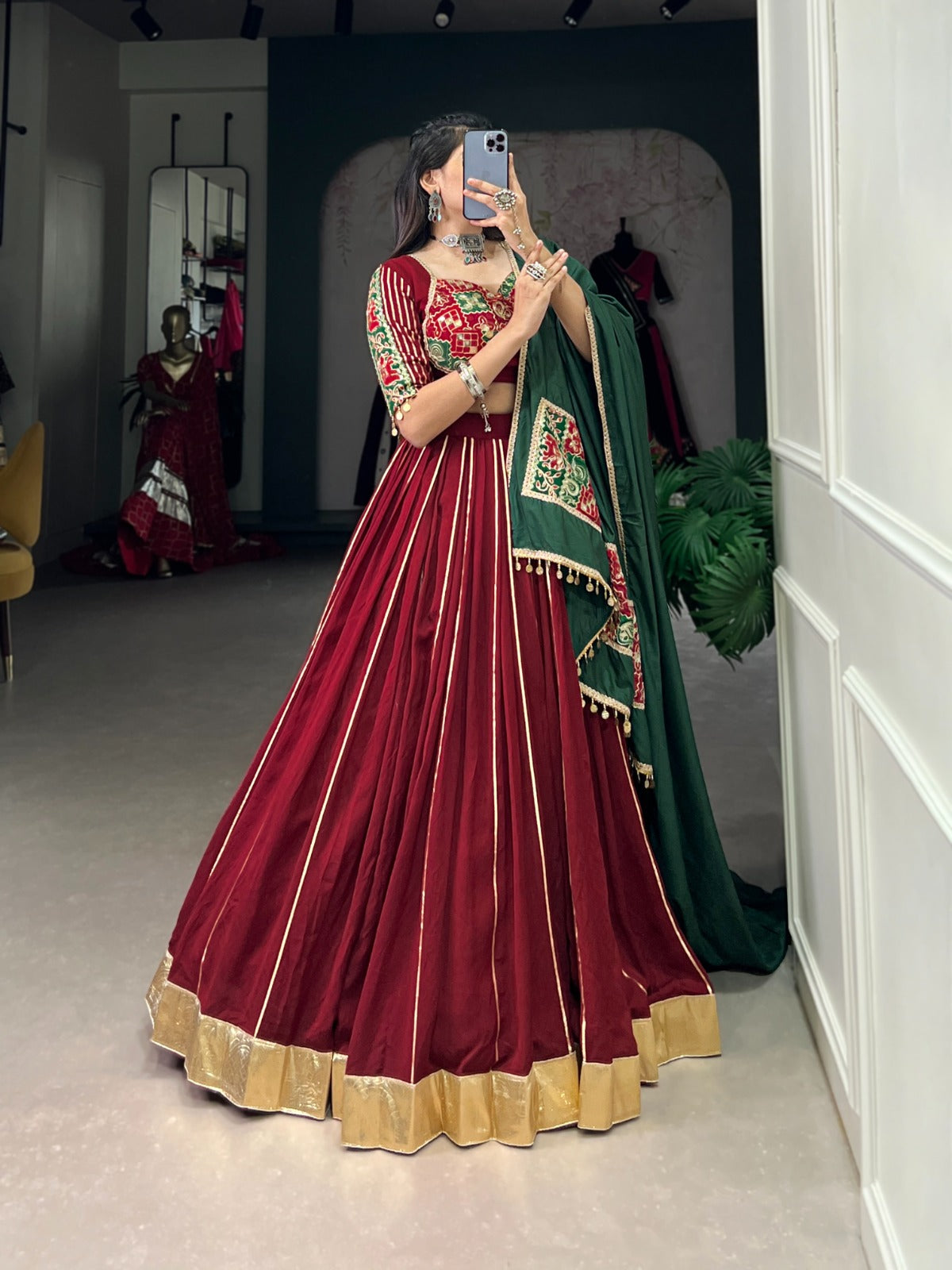 Womenline maroon color Chanderi Navratri Lehenga Choli