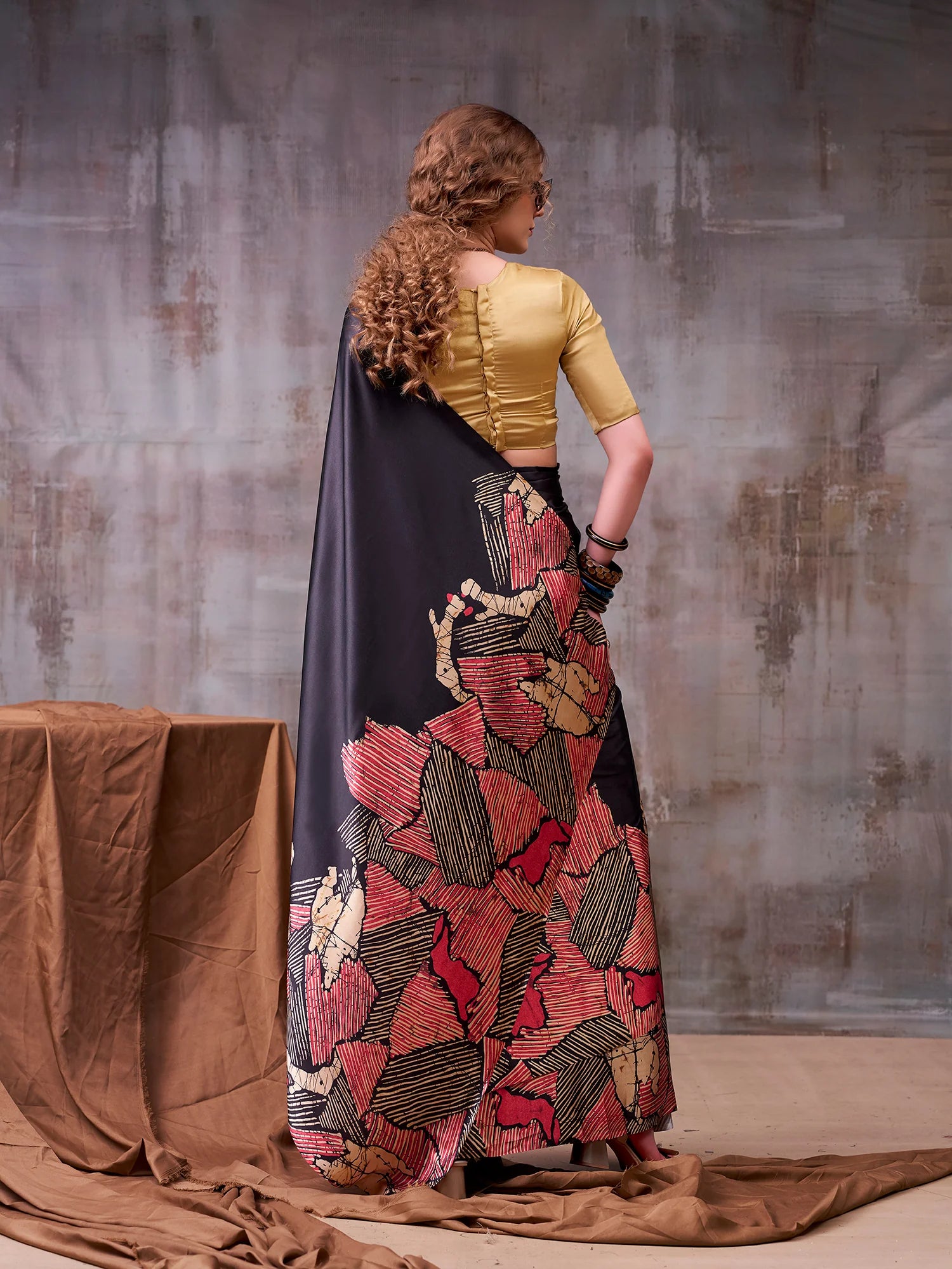 Womenline Black Color Printed Satin Saree