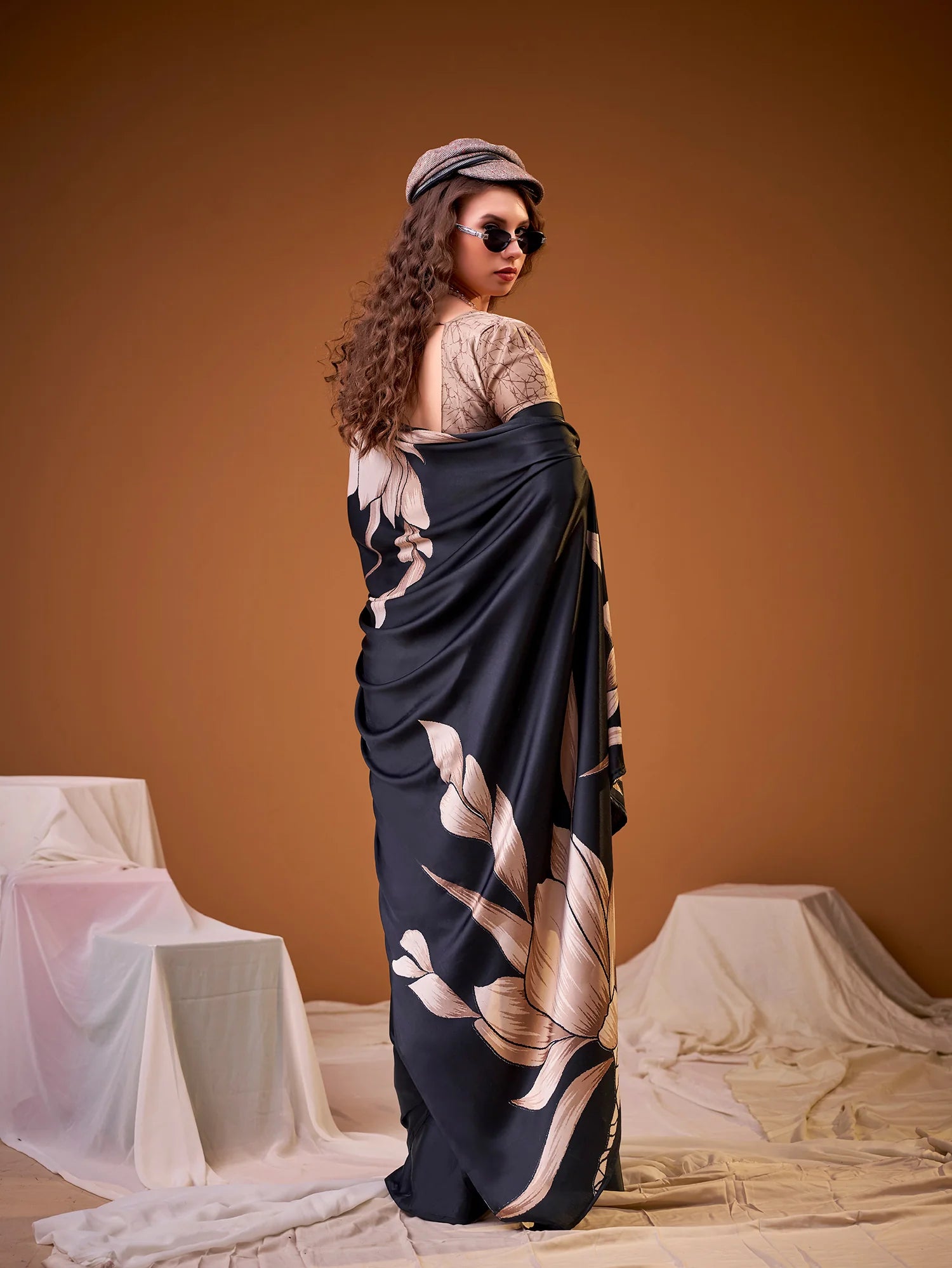 Womenline Black Color Floral Printed Satin Silk Saree