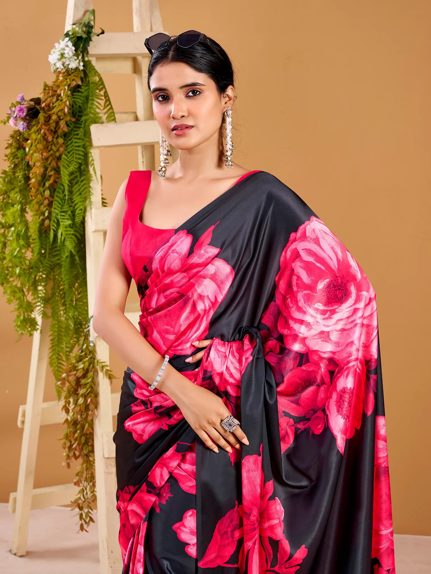 Womenline Pink Color Floral Print satin Silk Saree