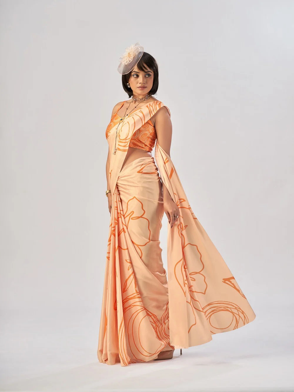Womenline Orange Color Satin Silk Saree