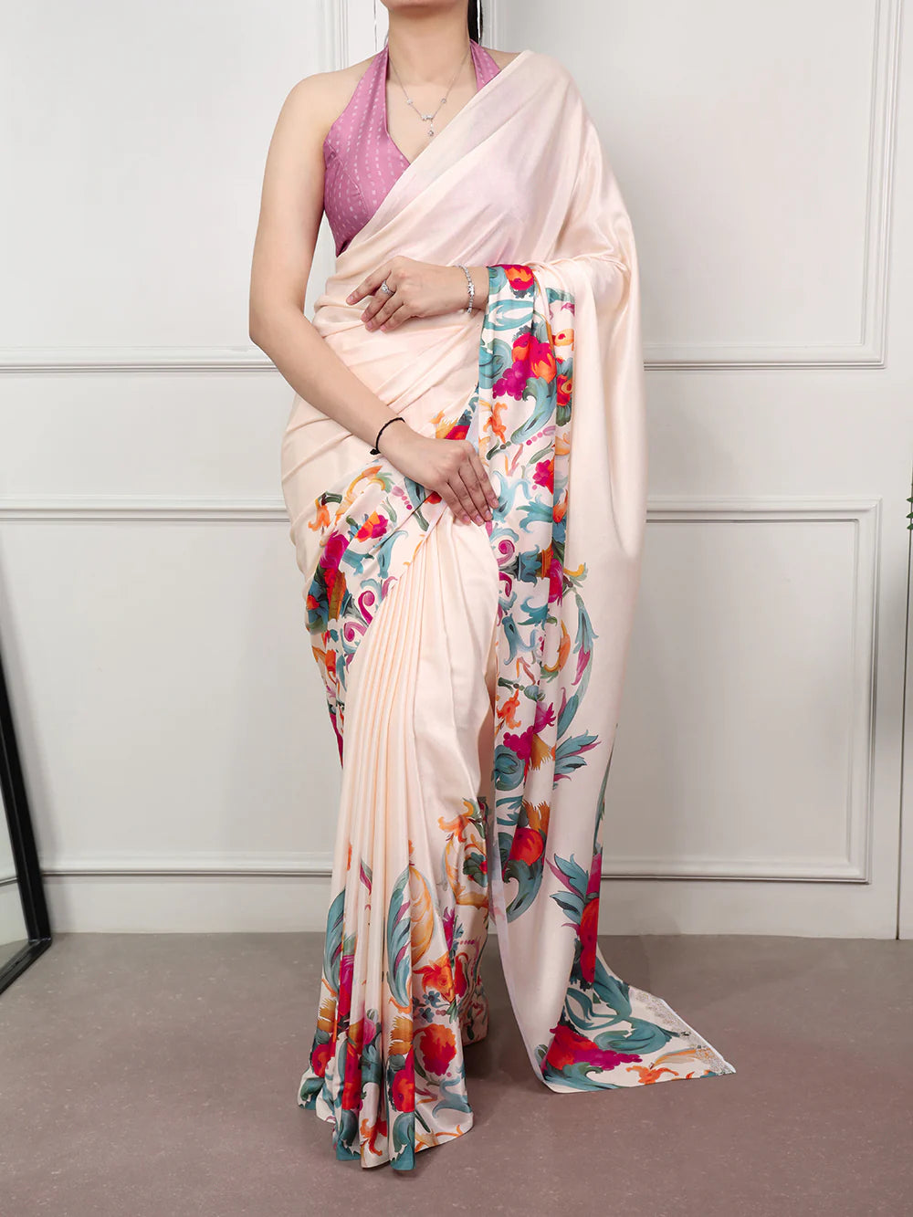 Womenline Cream Color Casual Wear Satin Silk Saree
