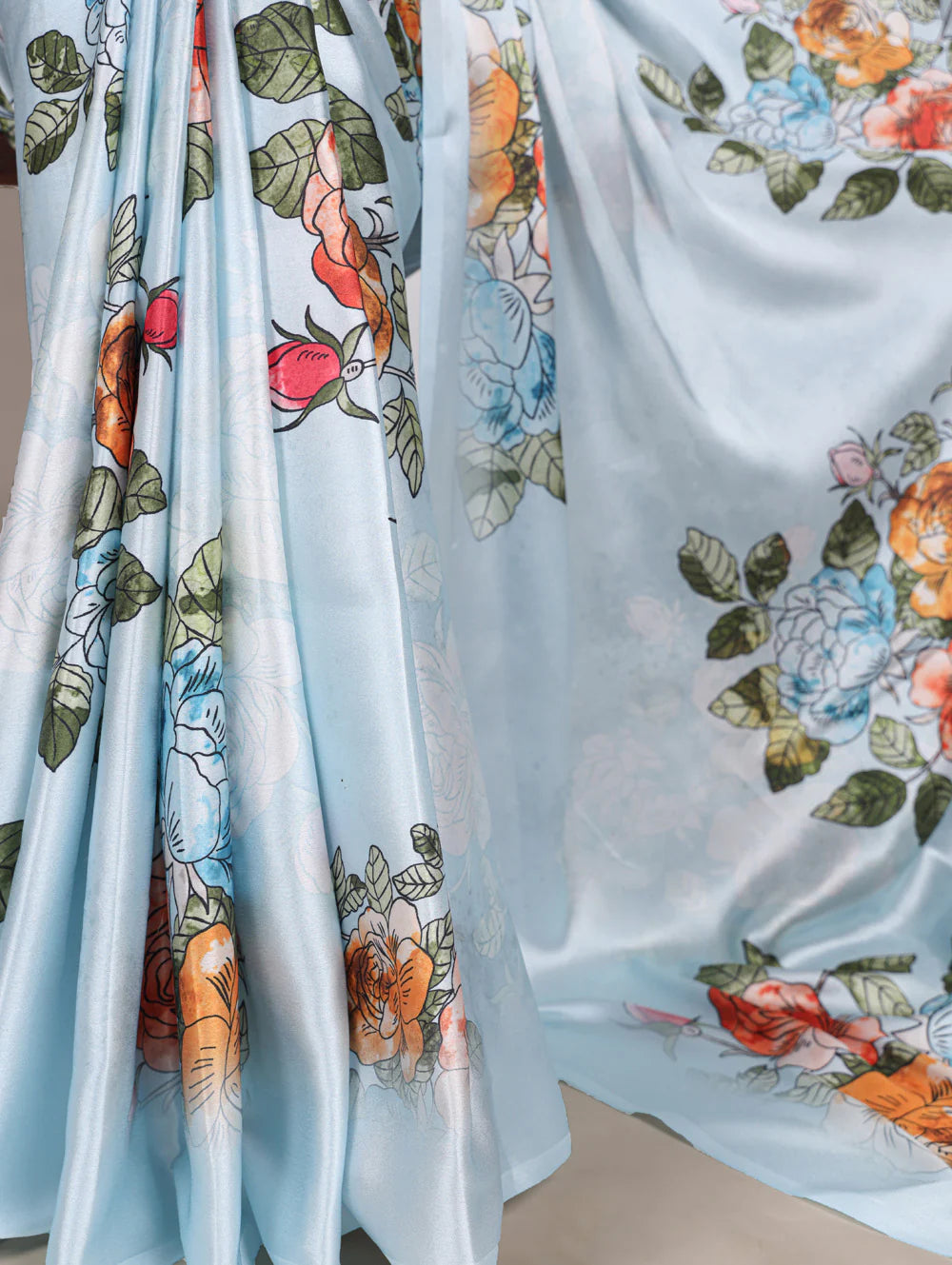Womenline Sky Blue Color Printed Satin Silk Saree