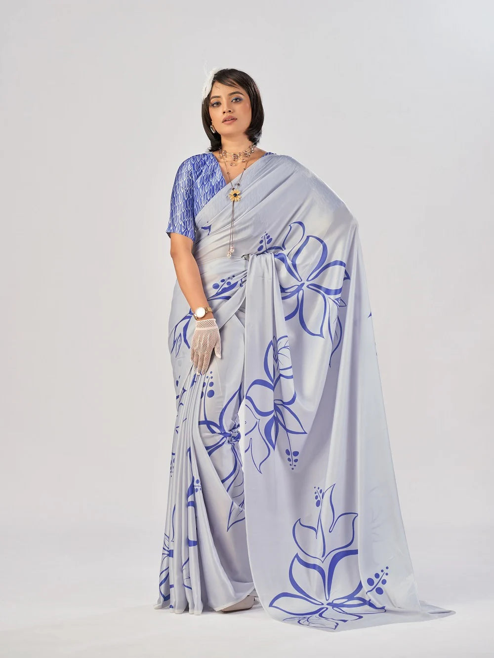 Womenline Sky Blue Color Satin Silk Saree