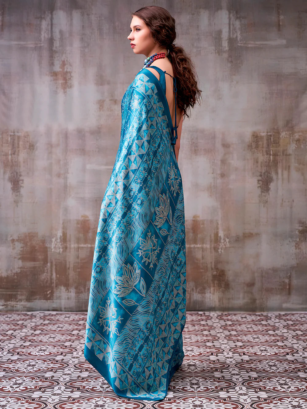 Womenline Sky Blue Color Satin Silk Saree