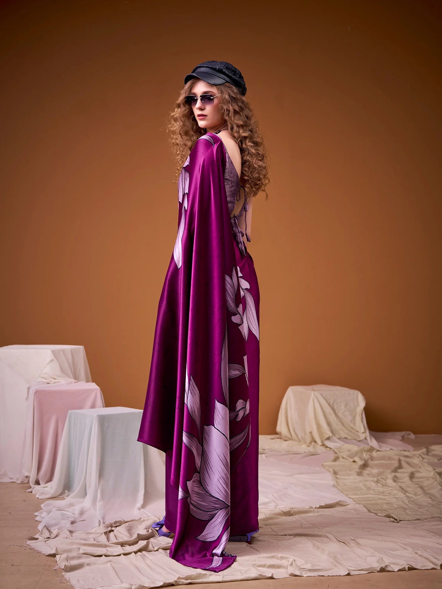 Womenline Magenta Color Floral Prined satin Silk Saree