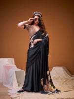 Womenline Black Color Floral Printed Satin Silk Saree