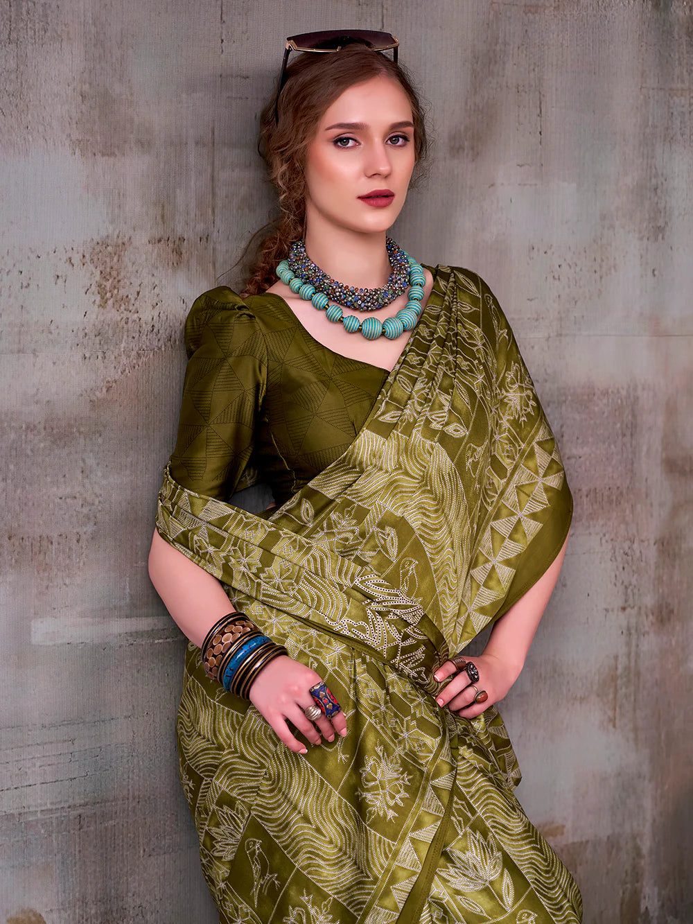 Womenline Mehendi Green Color Satin Silk Saree