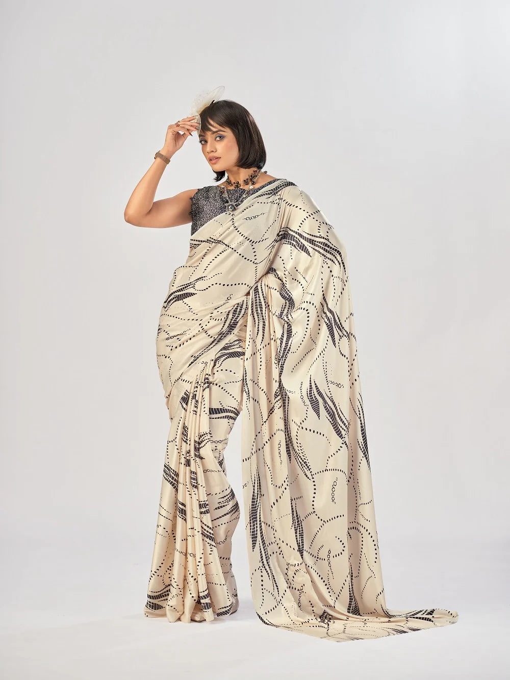 Womenline Off White Color Satin Silk Saree
