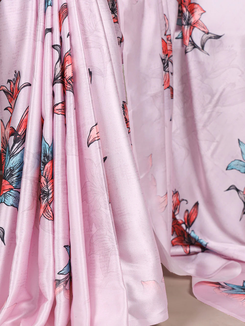 Womenline Light Pink Color Printed Satin Silk Saree