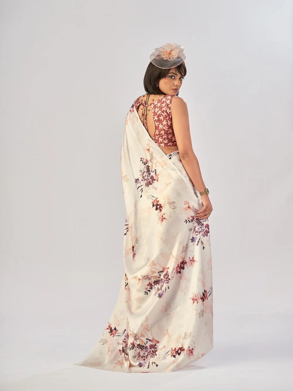 Womenline Cream Color Satin Silk Saree