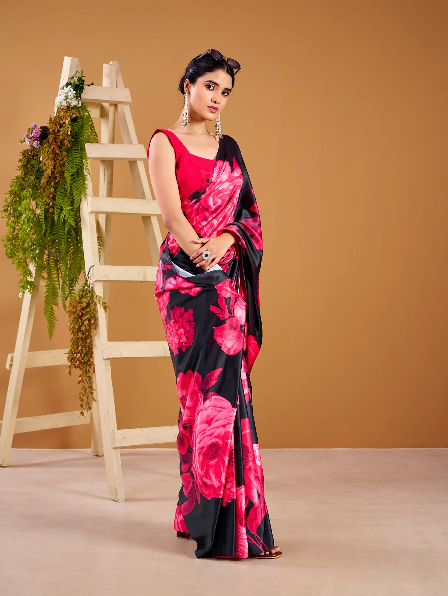 Womenline Pink Color Floral Print satin Silk Saree