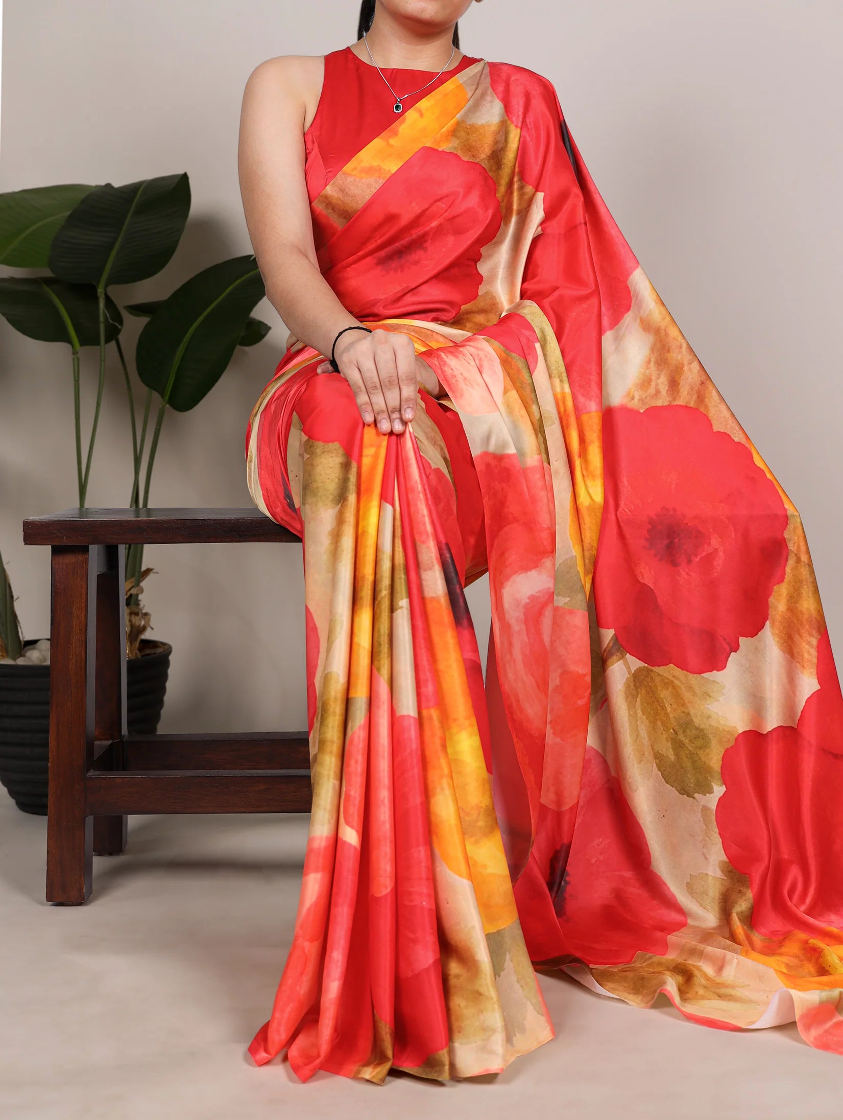 Womenline Striking Red Color Satin Silk Saree
