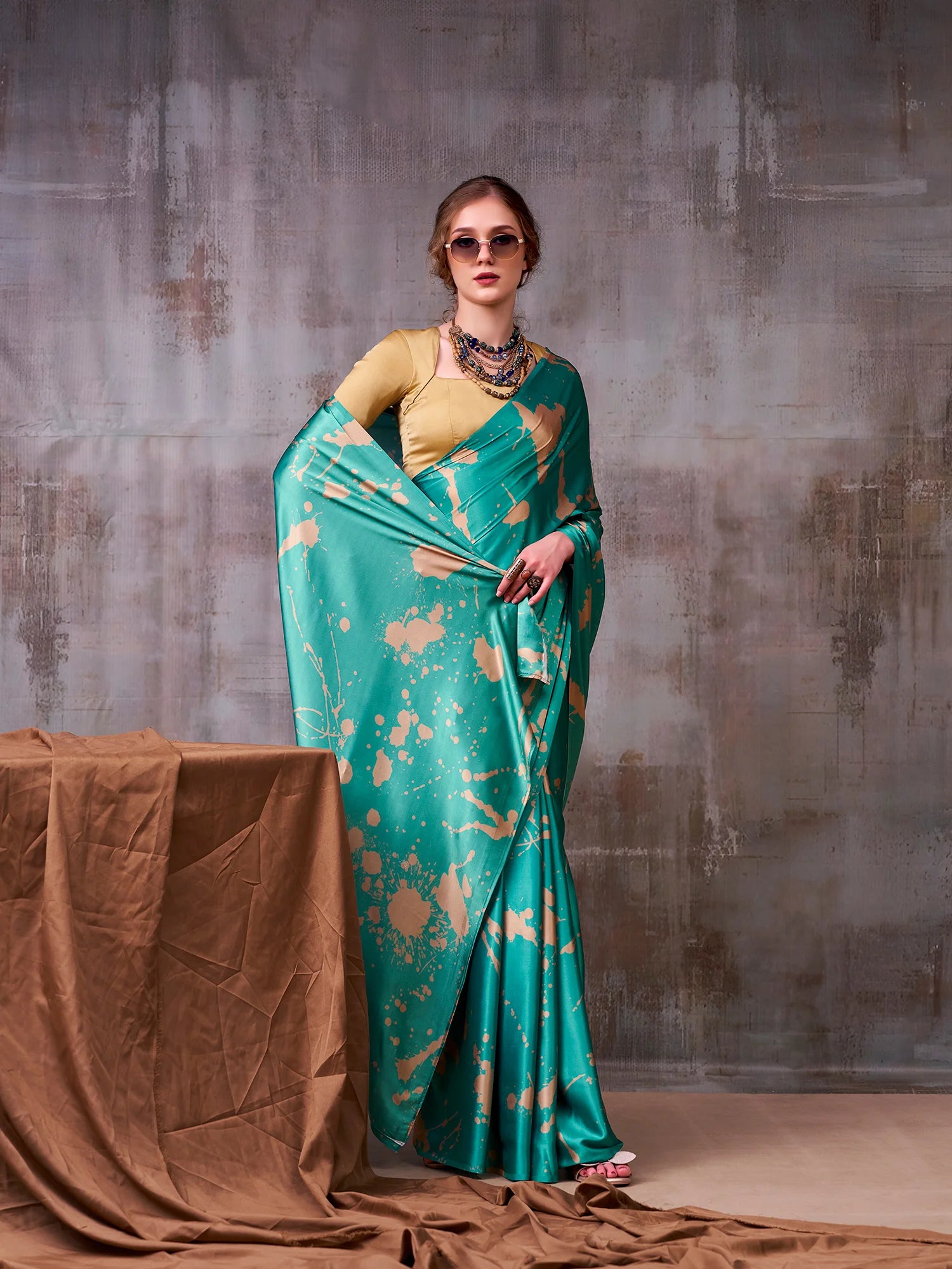 Womenline Sea Green Color Satin Silk Saree