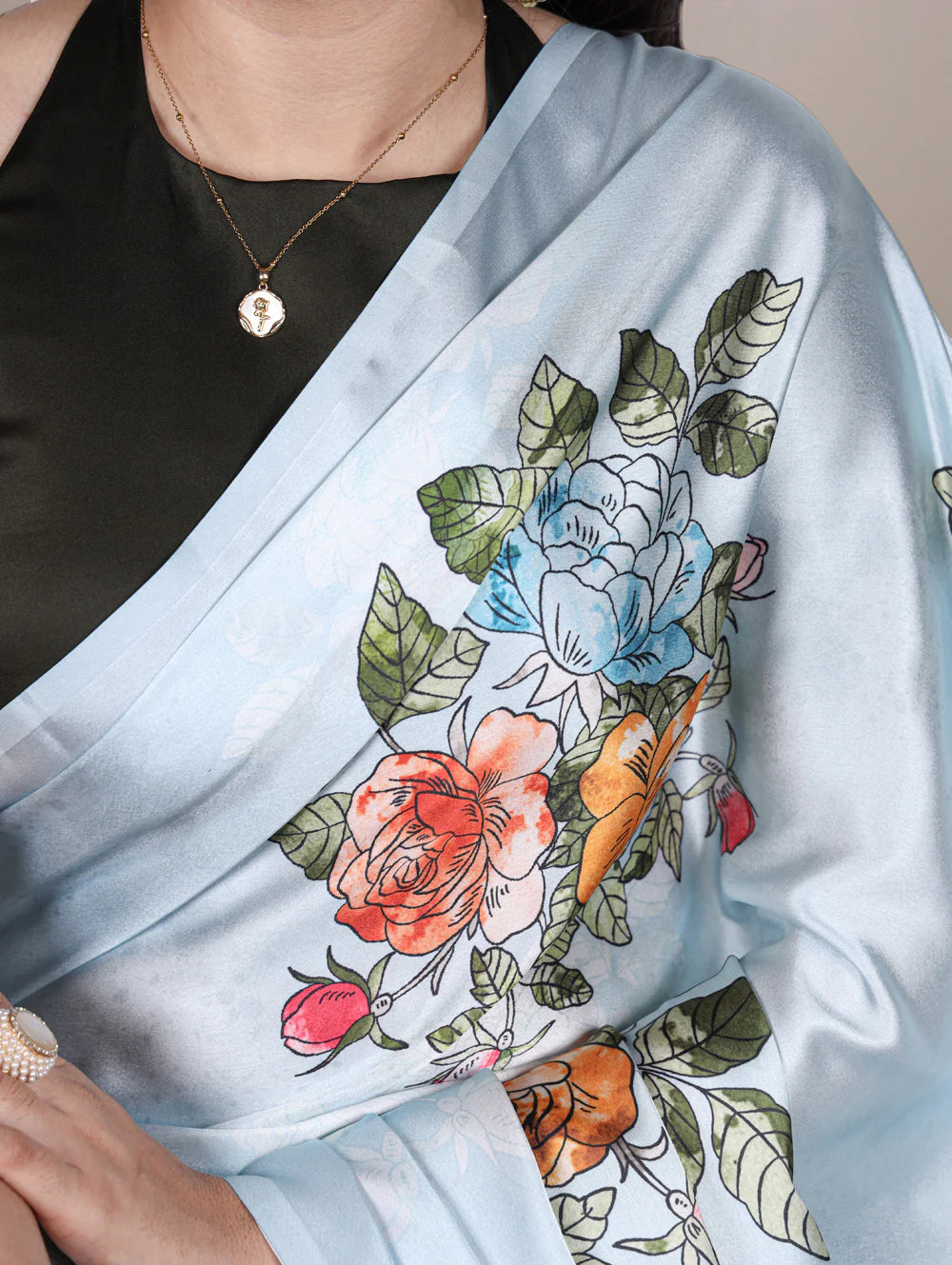 Womenline Sky Blue Color Printed Satin Silk Saree