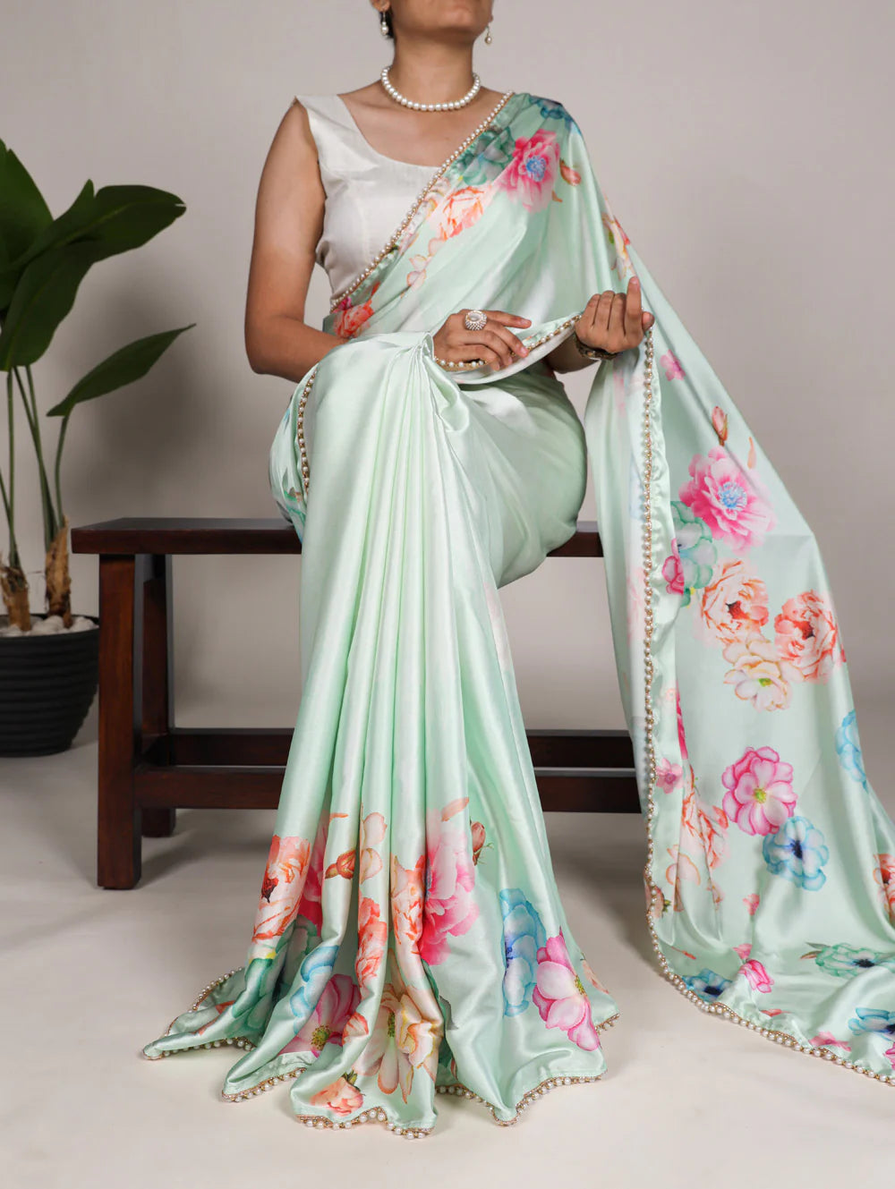 Womenline Refreshing Pista Green Color Satin Silk Saree