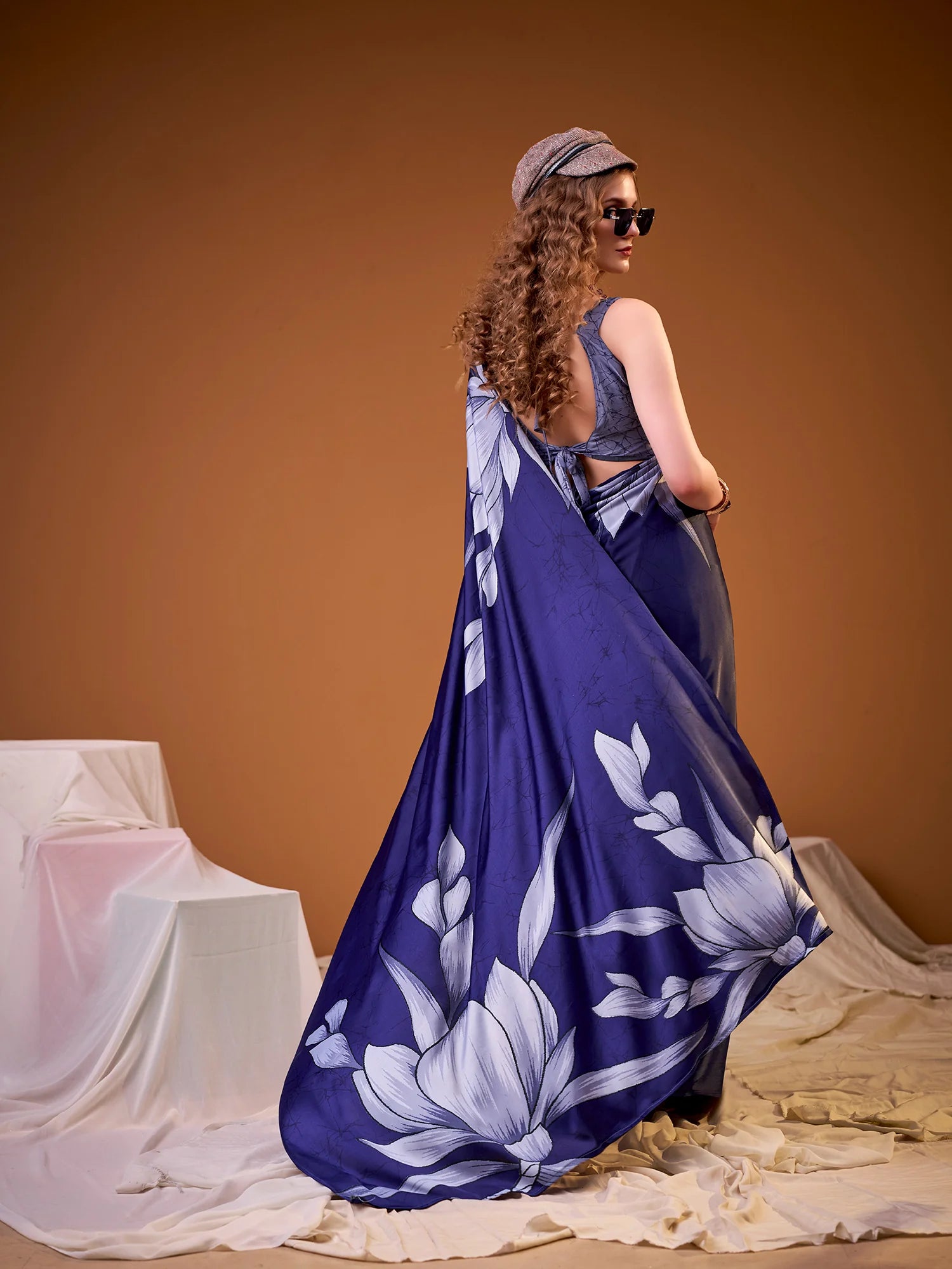 Womenline Navy Blue Color Foral Printed Satin Silk Saree