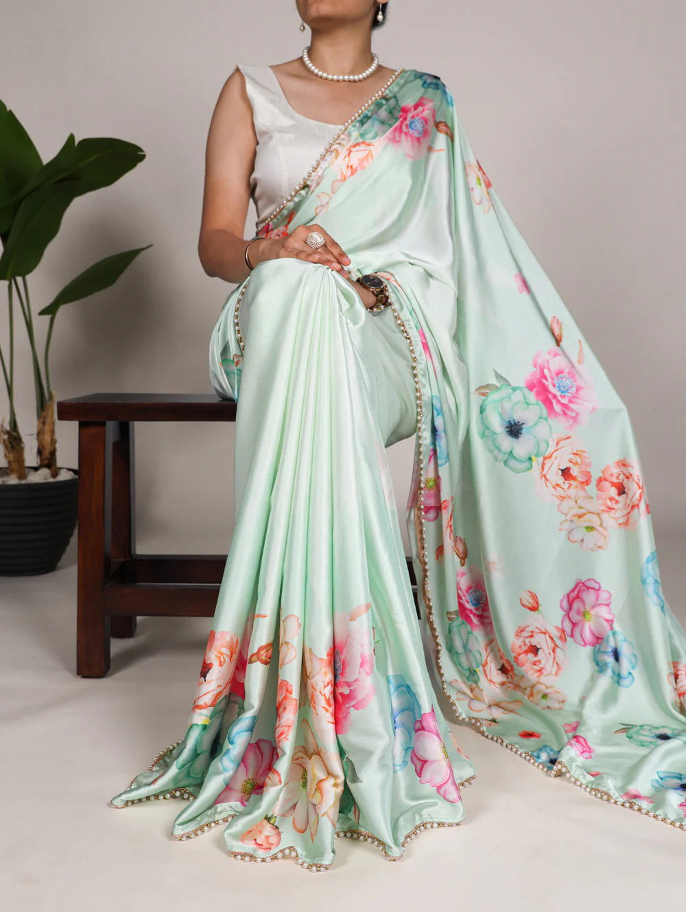 Womenline Refreshing Pista Green Color Satin Silk Saree