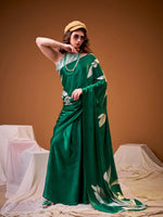 Womenline Green Color Floral Print Satin Silk Saree