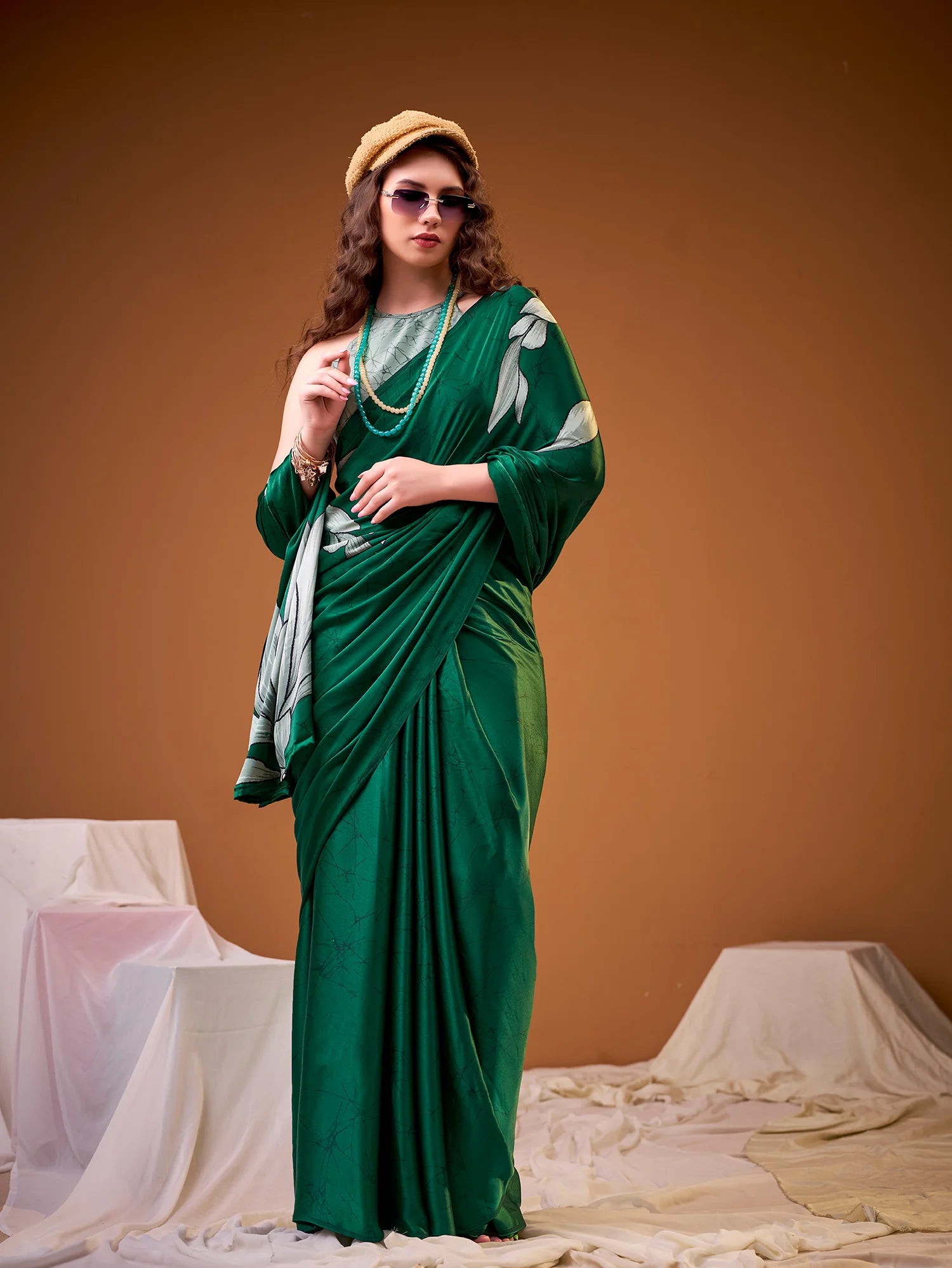 Womenline Green Color Floral Print Satin Silk Saree