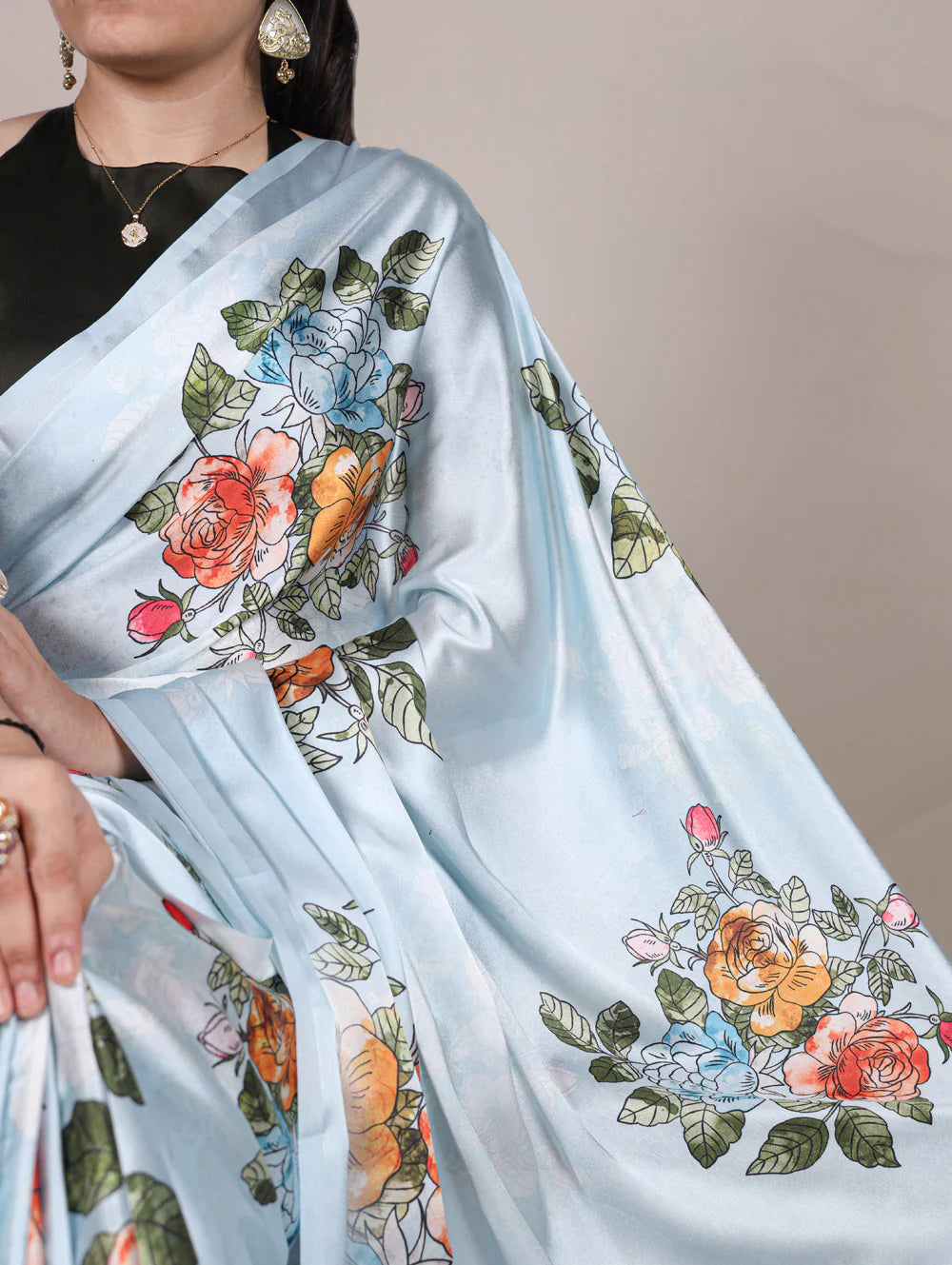 Womenline Sky Blue Color Printed Satin Silk Saree