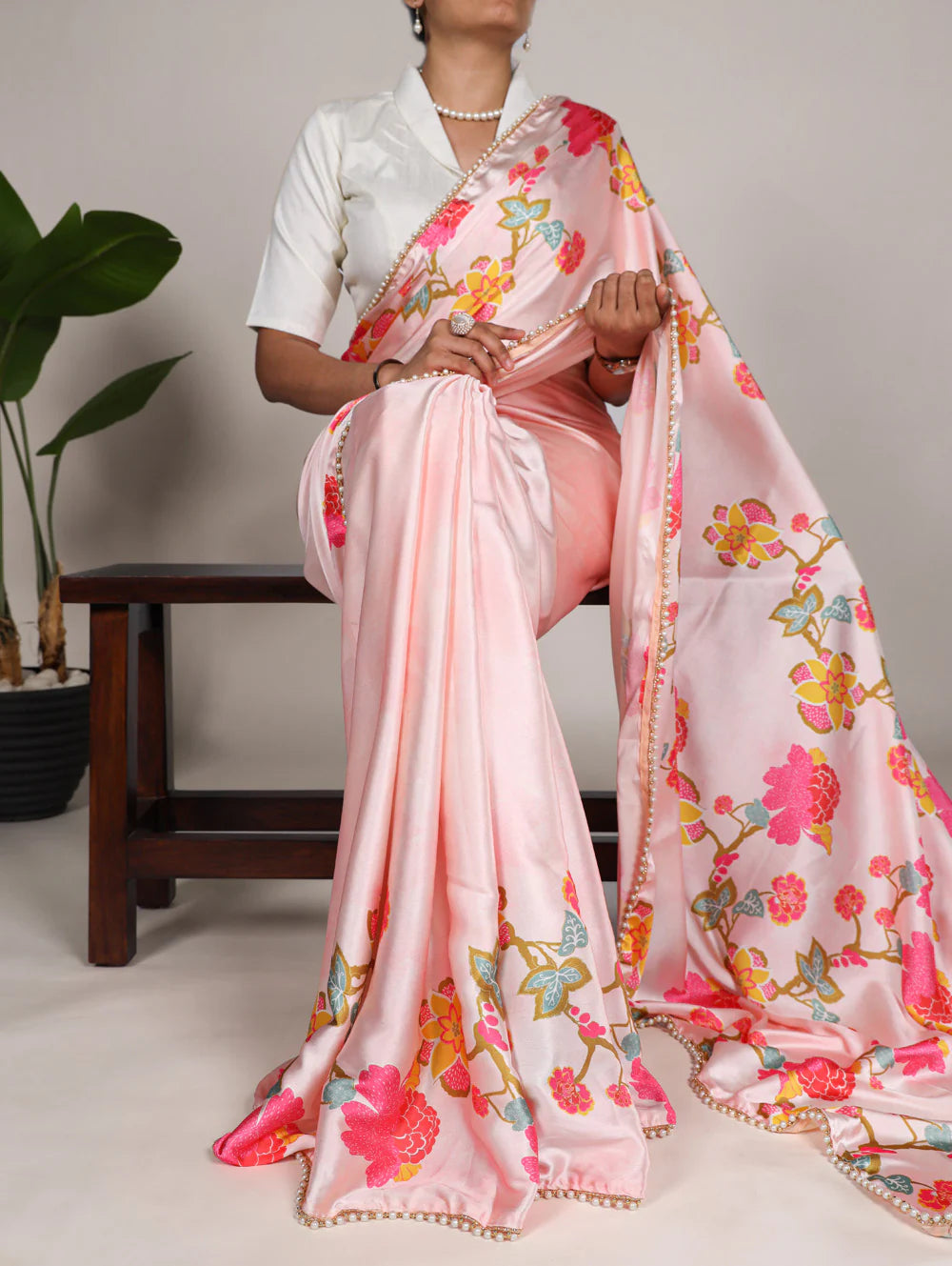 Womenline Elegant Peach Color Satin Silk Saree