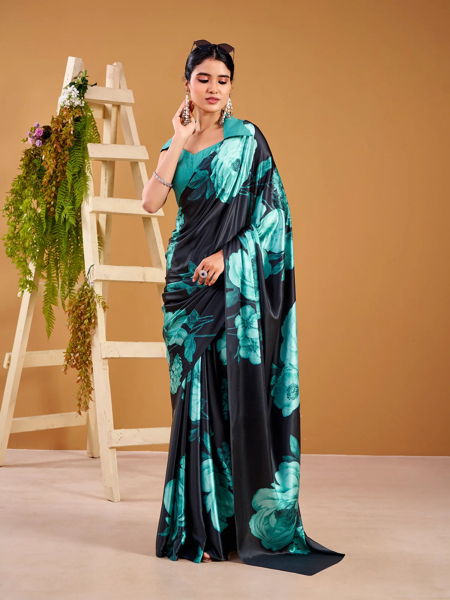 Womenline Teal Color Floral Print Satin Silk Saree