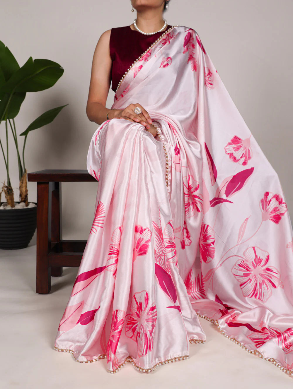 Womenline Charming Light Pink Color Satin Silk Saree