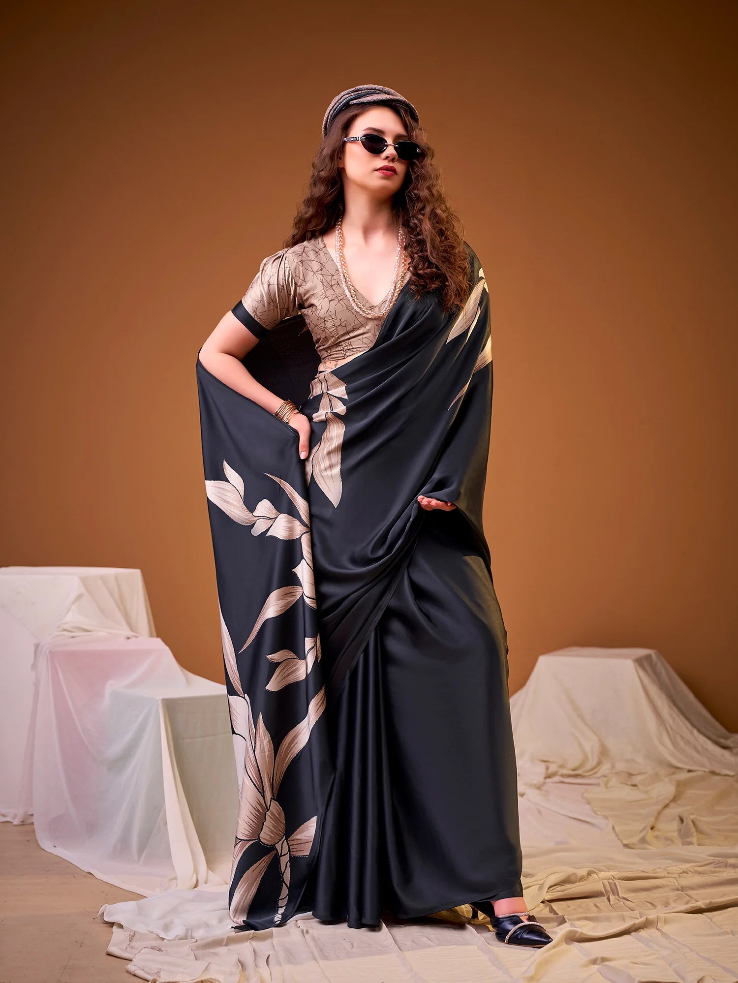 Womenline Black Color Floral Printed Satin Silk Saree