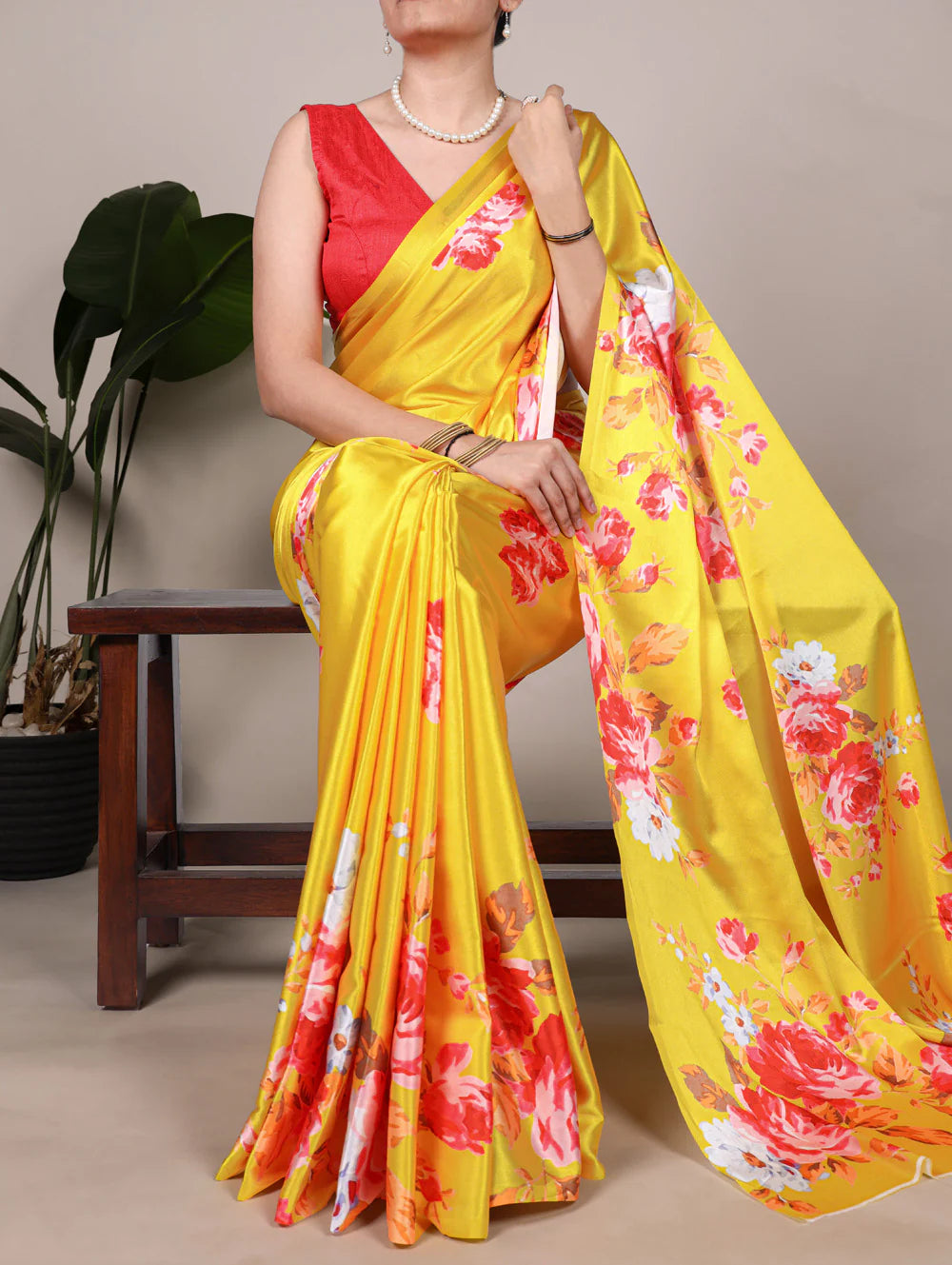 Womenline Vibran Yellow Color Satin Silk Saree